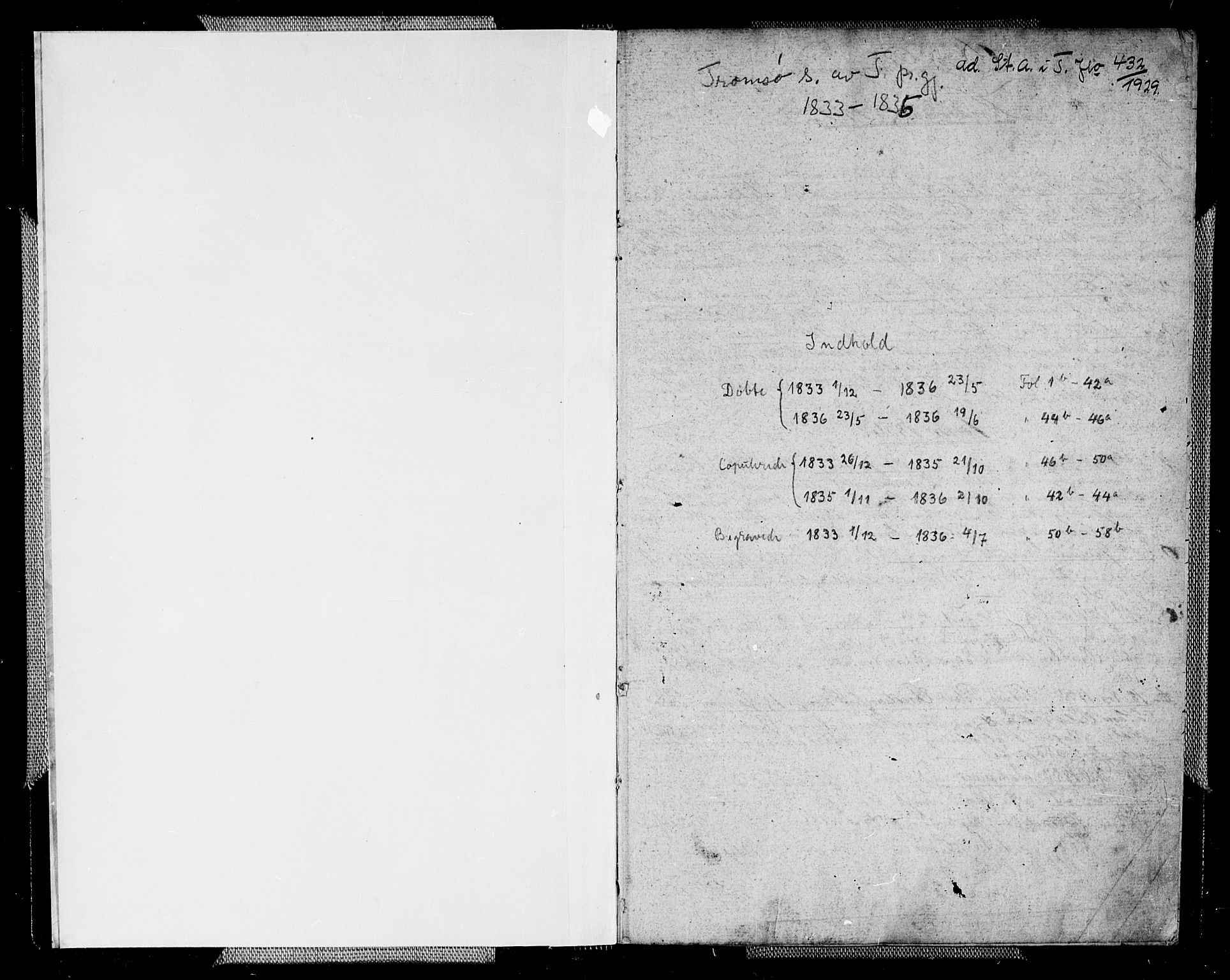 Tromsø sokneprestkontor/stiftsprosti/domprosti, SATØ/S-1343/G/Gb/L0003klokker: Parish register (copy) no. 3, 1833-1836, p. 1