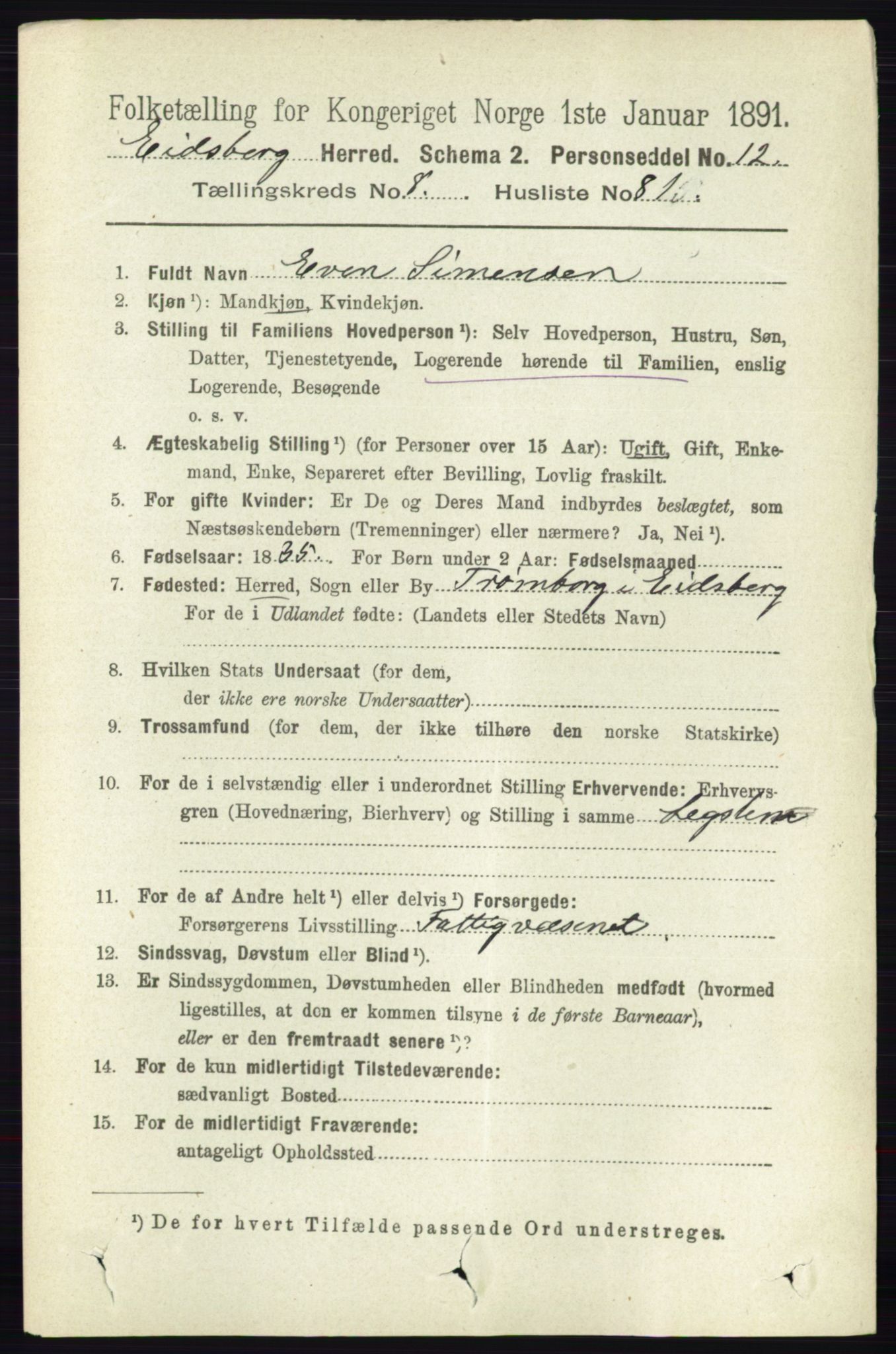 RA, 1891 census for 0125 Eidsberg, 1891, p. 5092