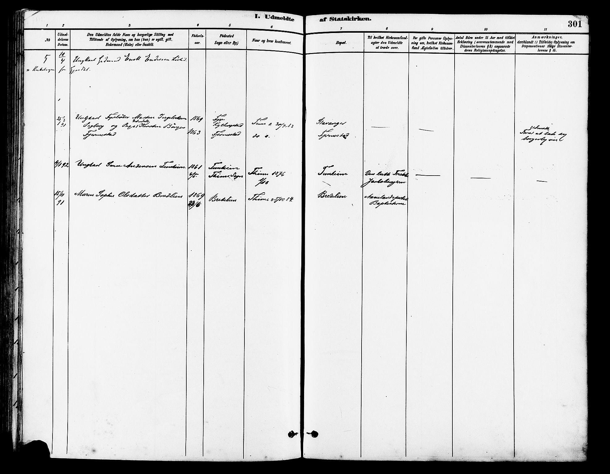 Lye sokneprestkontor, SAST/A-101794/001/30BA/L0009: Parish register (official) no. A 8, 1881-1892, p. 301