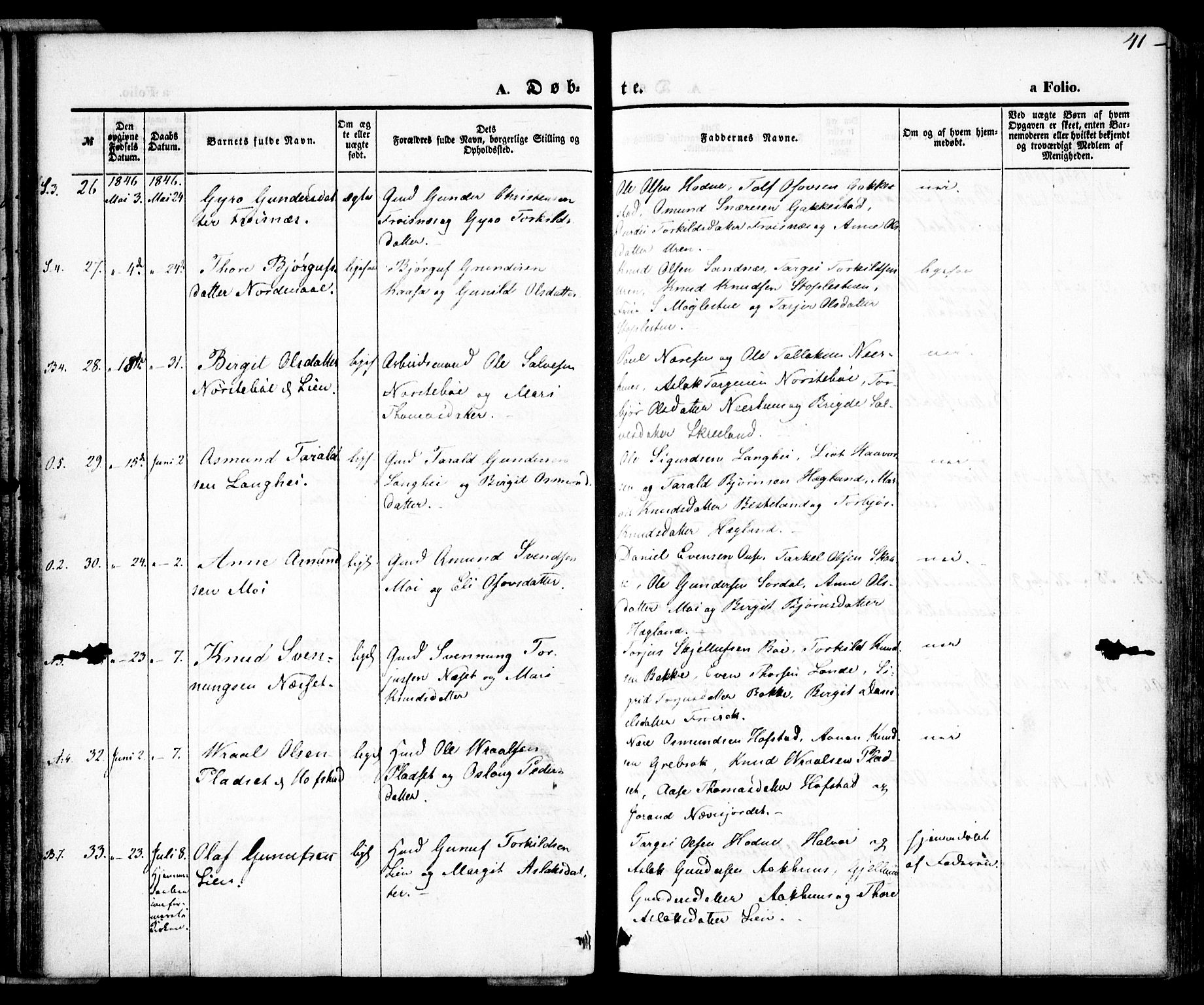 Bygland sokneprestkontor, SAK/1111-0006/F/Fa/Fab/L0004: Parish register (official) no. A 4, 1842-1858, p. 41