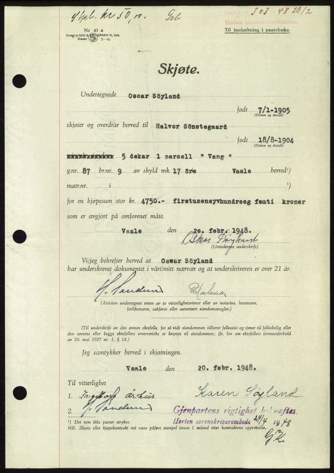 Horten sorenskriveri, AV/SAKO-A-133/G/Ga/Gaa/L0010: Mortgage book no. A-10, 1947-1948, Diary no: : 303/1948