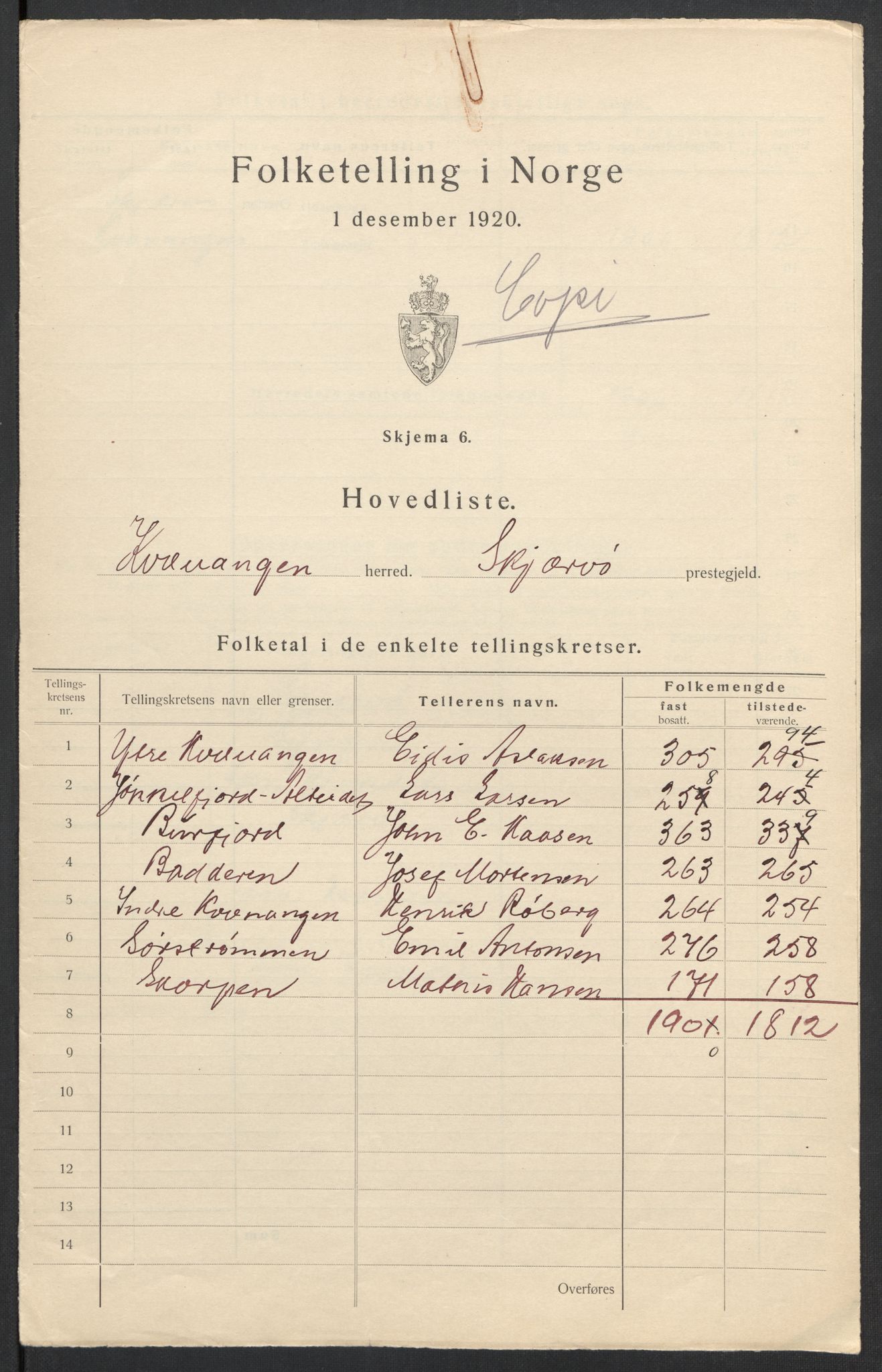 SATØ, 1920 census for Kvænangen, 1920, p. 6