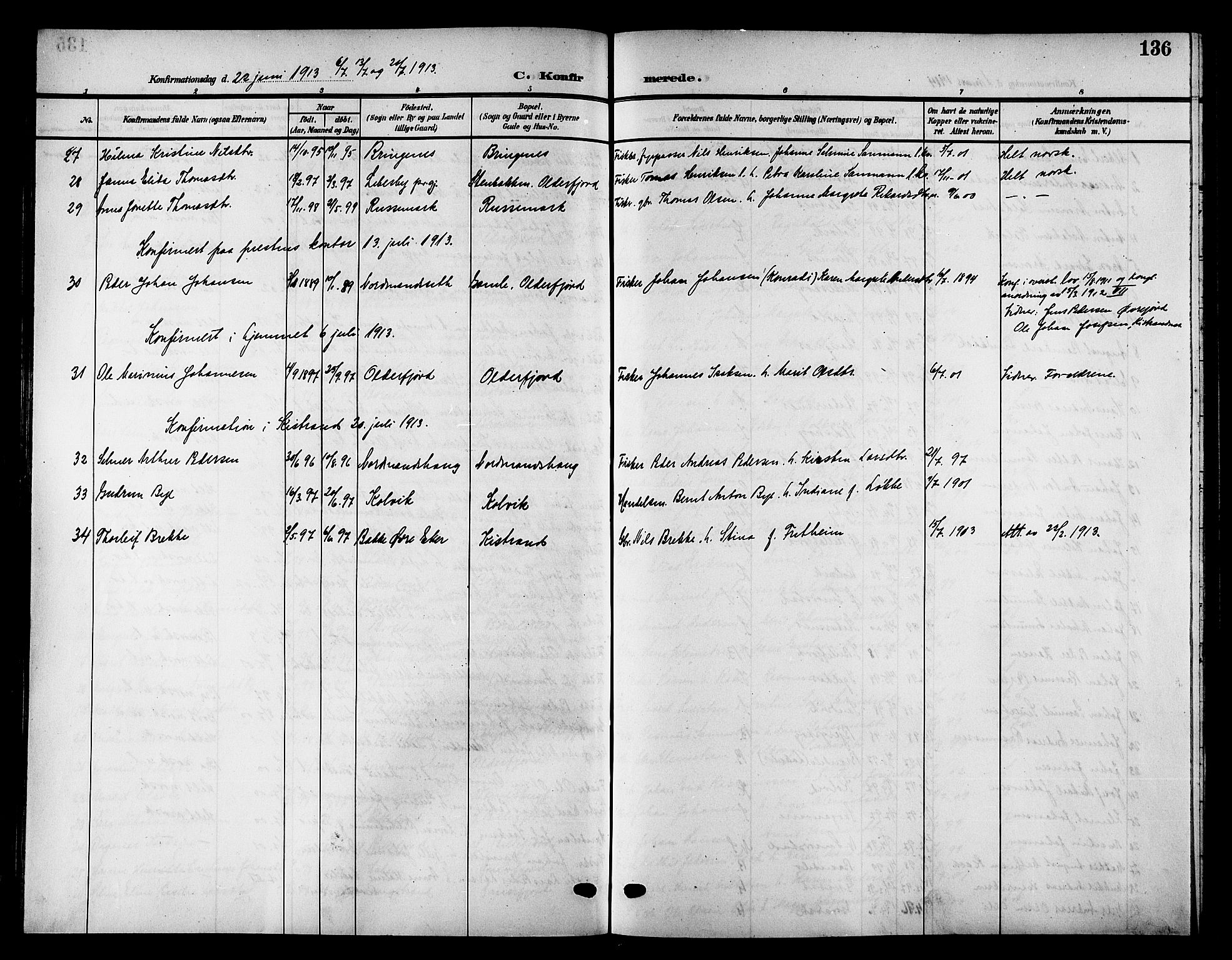 Kistrand/Porsanger sokneprestembete, SATØ/S-1351/H/Hb/L0006.klokk: Parish register (copy) no. 6, 1905-1917, p. 136