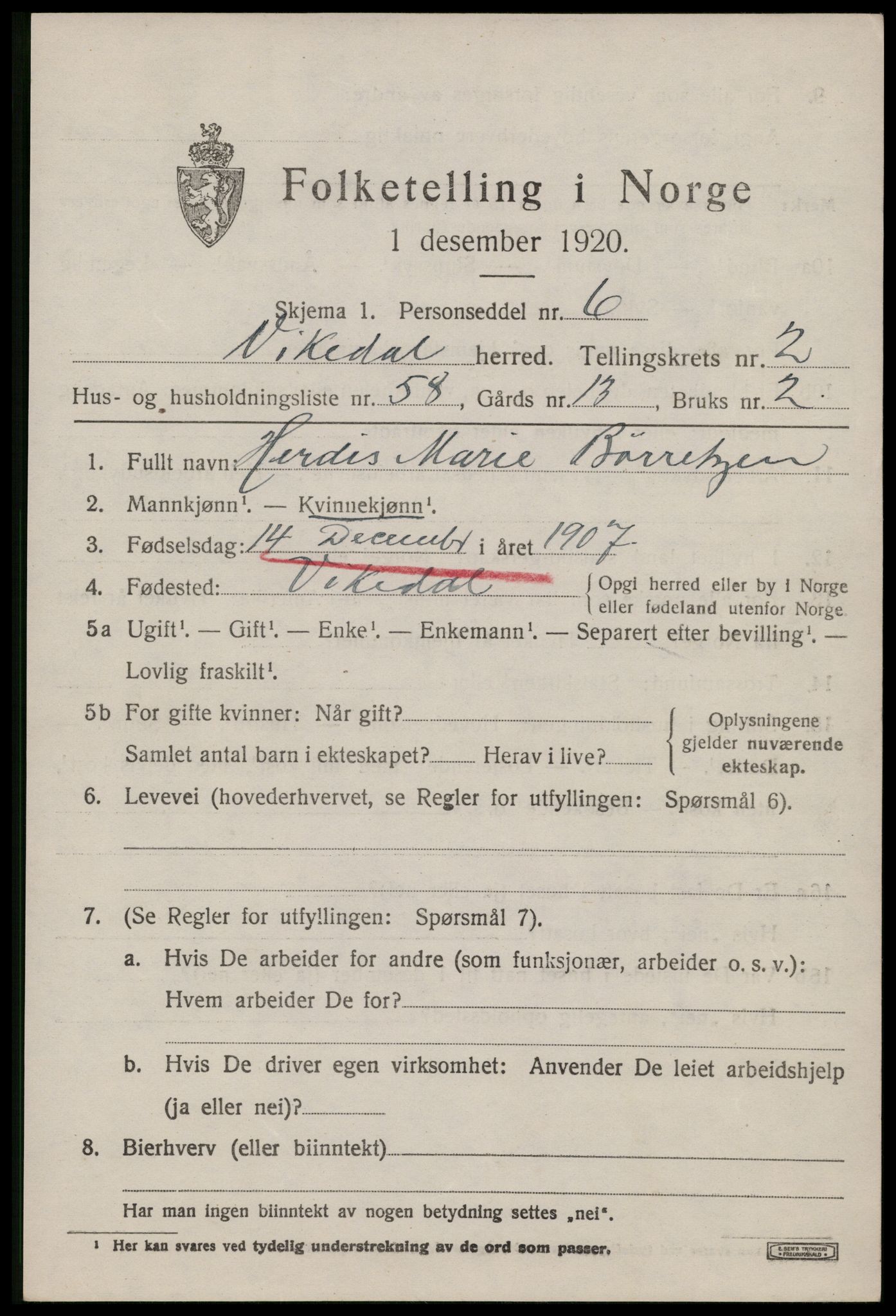 SAST, 1920 census for Vikedal, 1920, p. 1815