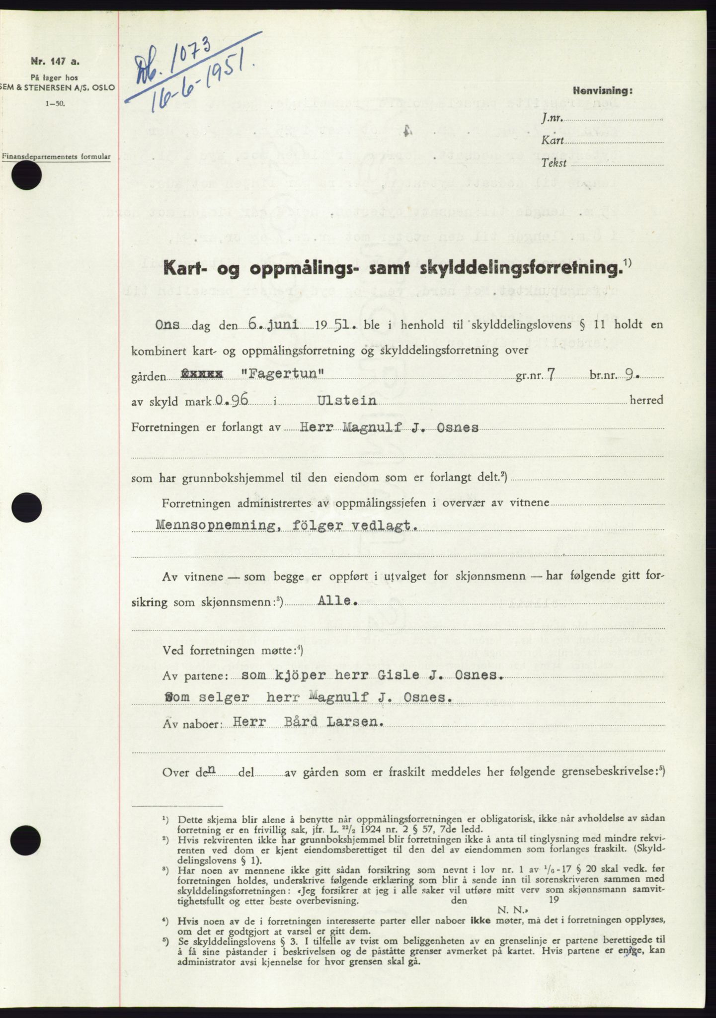 Søre Sunnmøre sorenskriveri, AV/SAT-A-4122/1/2/2C/L0089: Mortgage book no. 15A, 1951-1951, Diary no: : 1073/1951