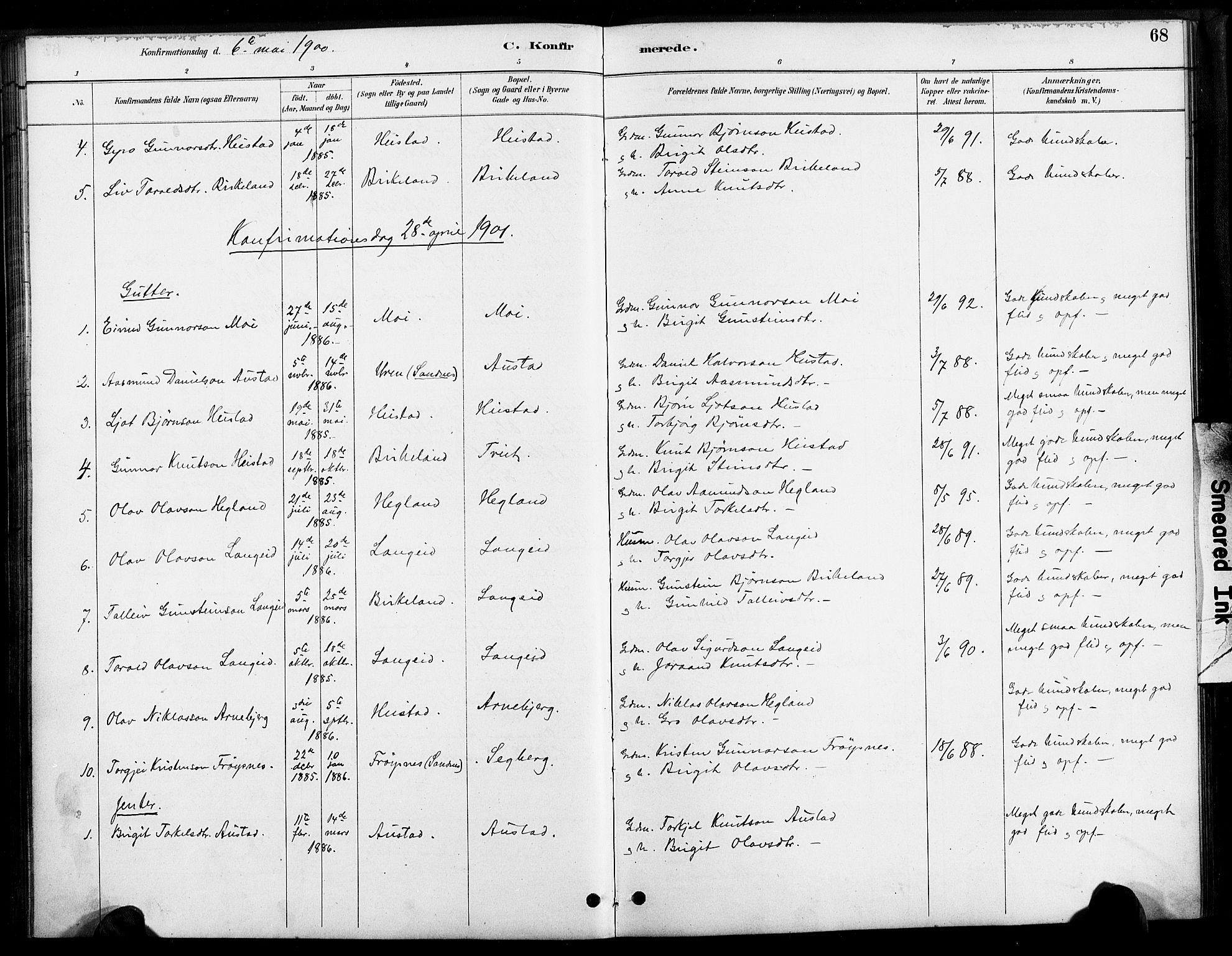 Bygland sokneprestkontor, SAK/1111-0006/F/Fa/Faa/L0001: Parish register (official) no. A 1, 1885-1908, p. 68