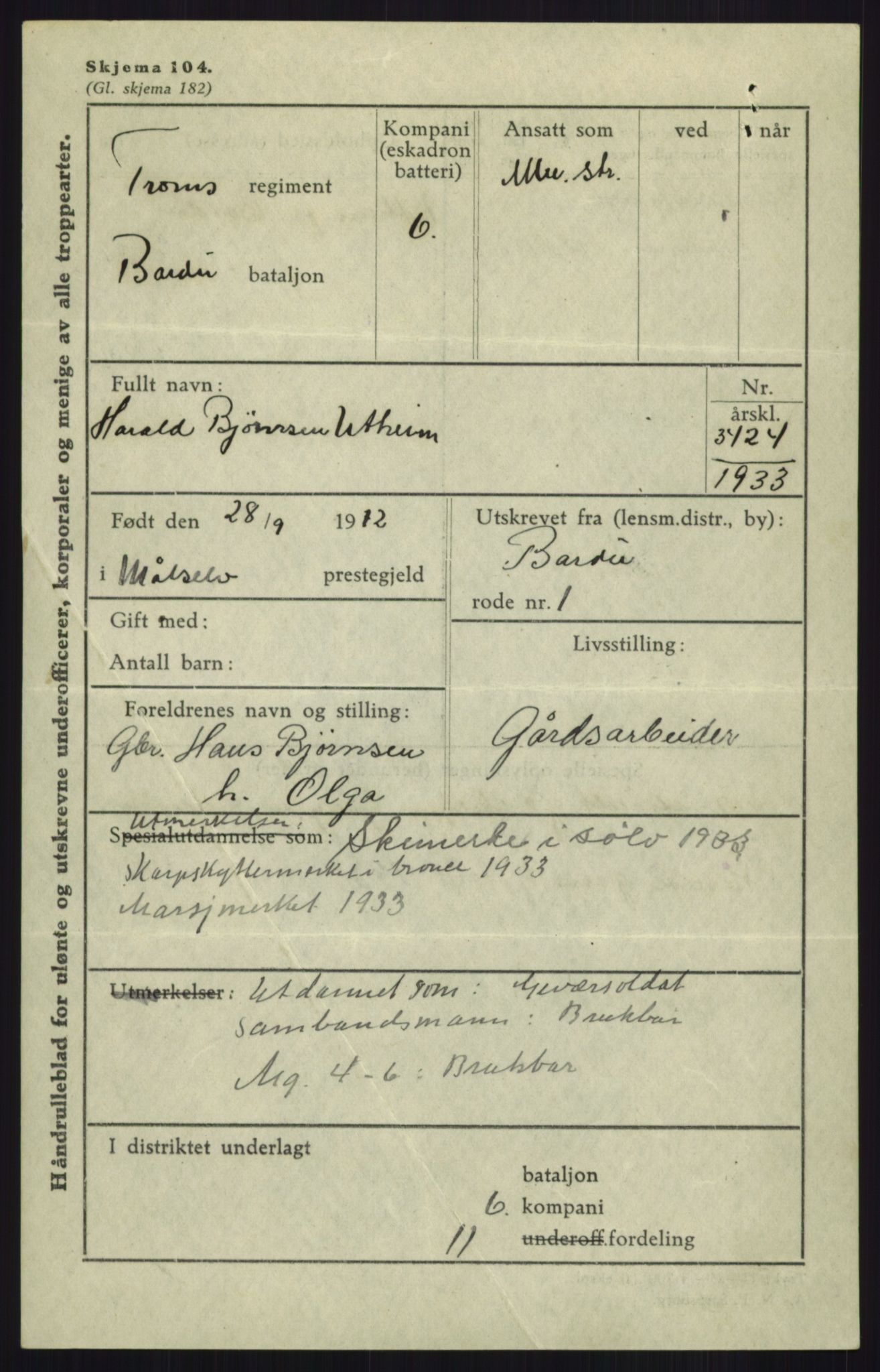 Forsvaret, Troms infanteriregiment nr. 16, AV/RA-RAFA-3146/P/Pa/L0017: Rulleblad for regimentets menige mannskaper, årsklasse 1933, 1933, p. 1329