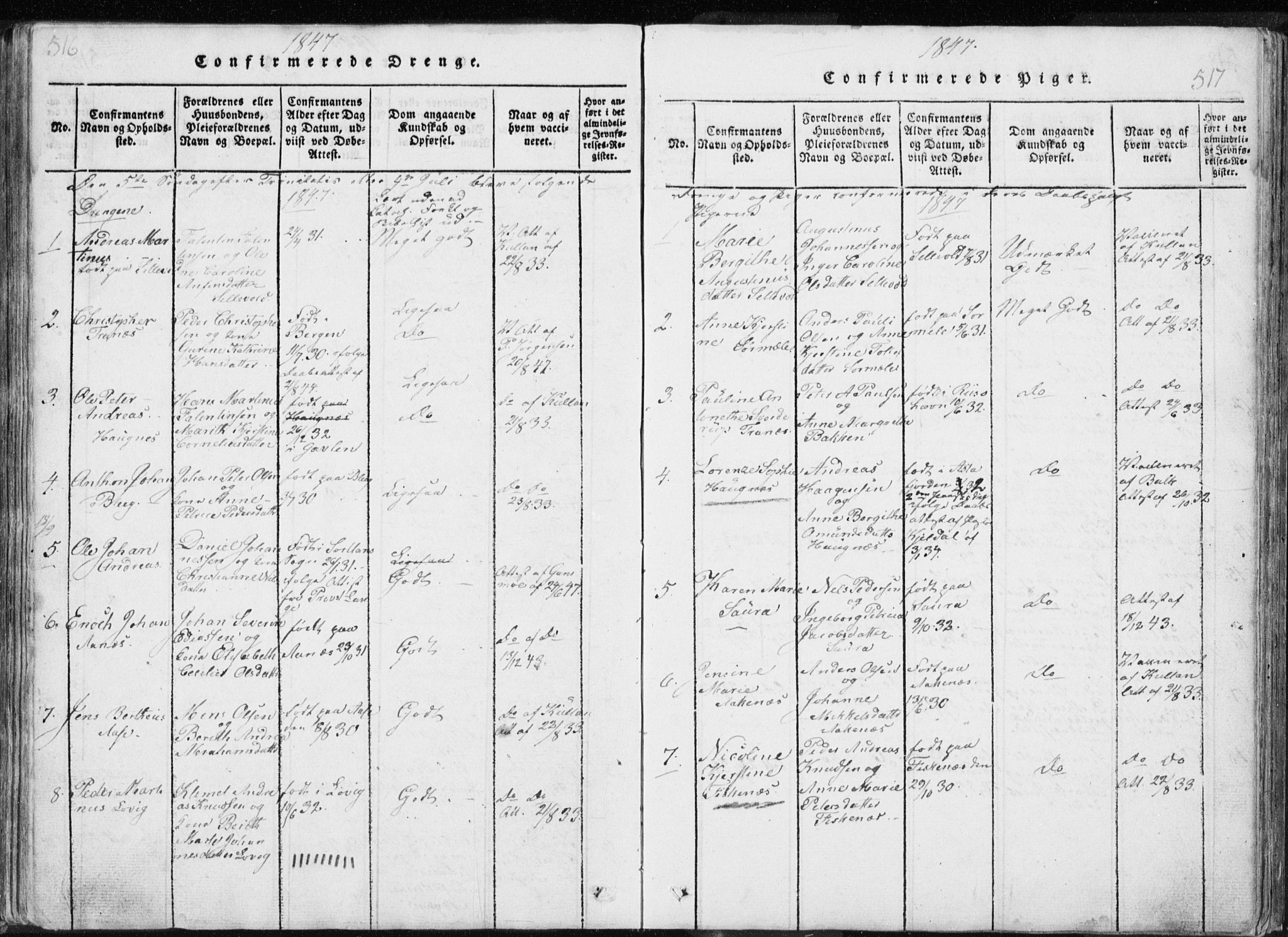 Ministerialprotokoller, klokkerbøker og fødselsregistre - Nordland, AV/SAT-A-1459/897/L1411: Parish register (copy) no. 897C01, 1820-1866, p. 516-517