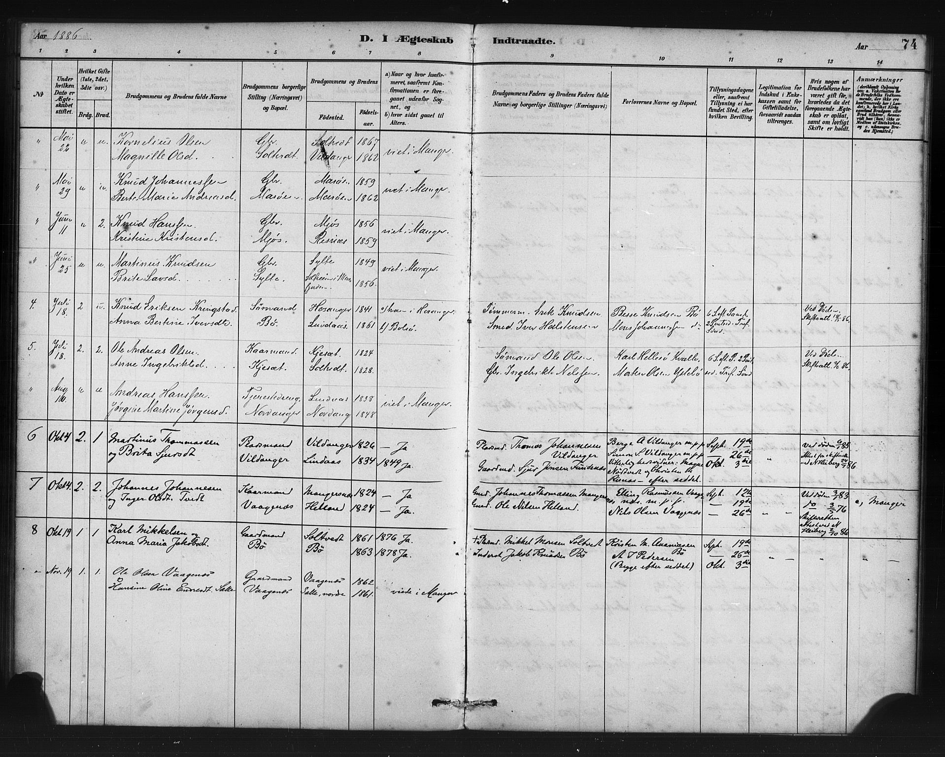 Manger sokneprestembete, SAB/A-76801/H/Haa: Parish register (official) no. C 1, 1881-1890, p. 74
