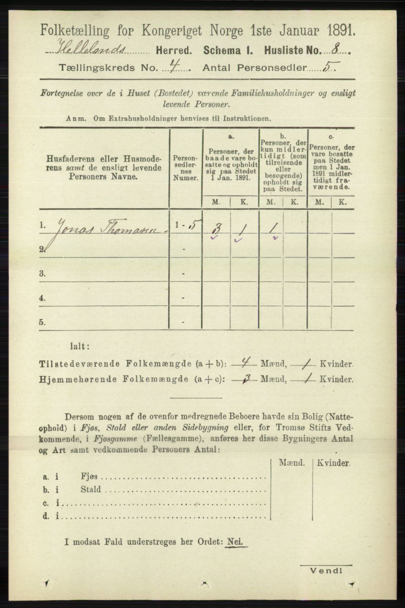 RA, 1891 census for 1115 Helleland, 1891, p. 1119