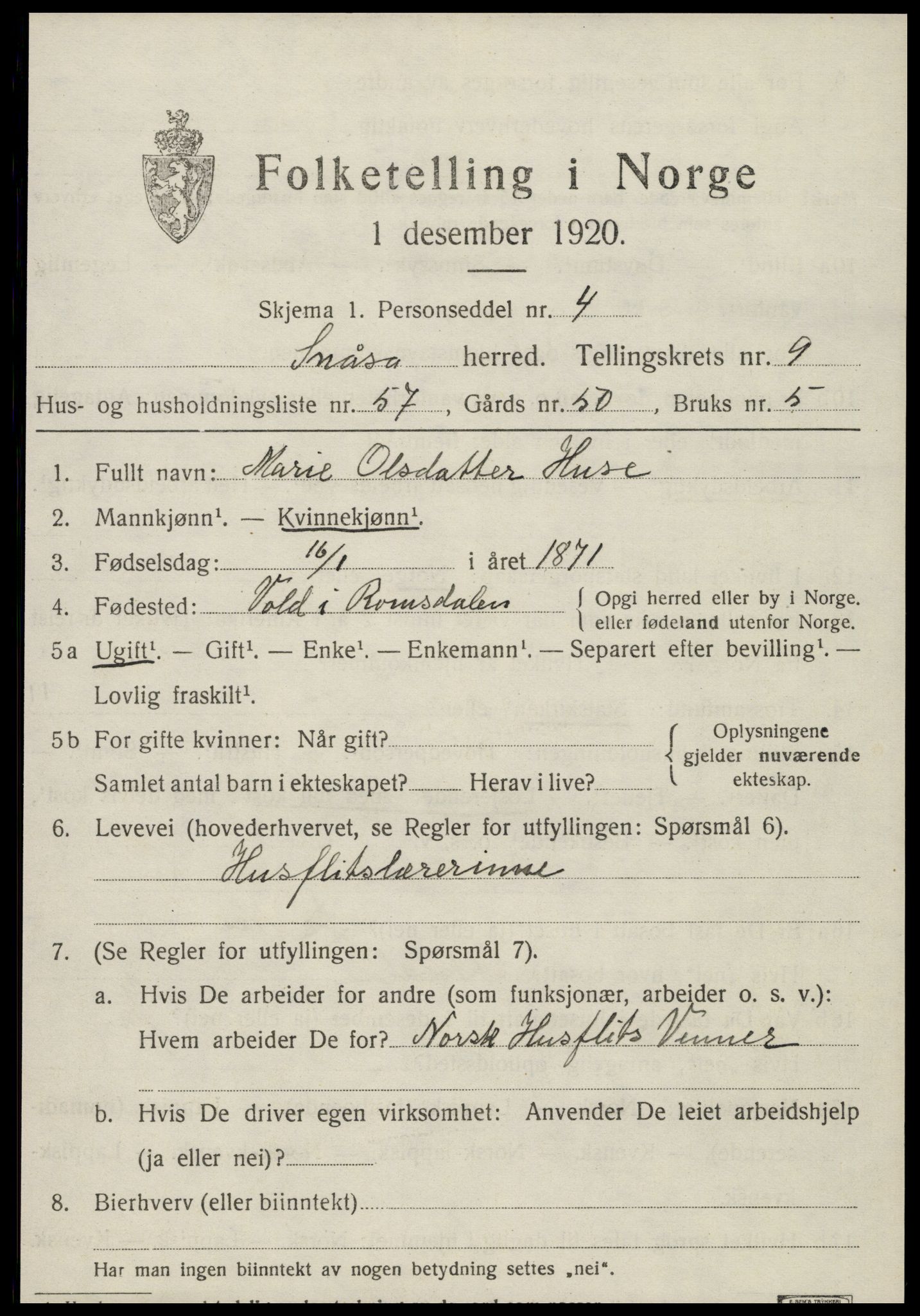 SAT, 1920 census for Snåsa, 1920, p. 4318