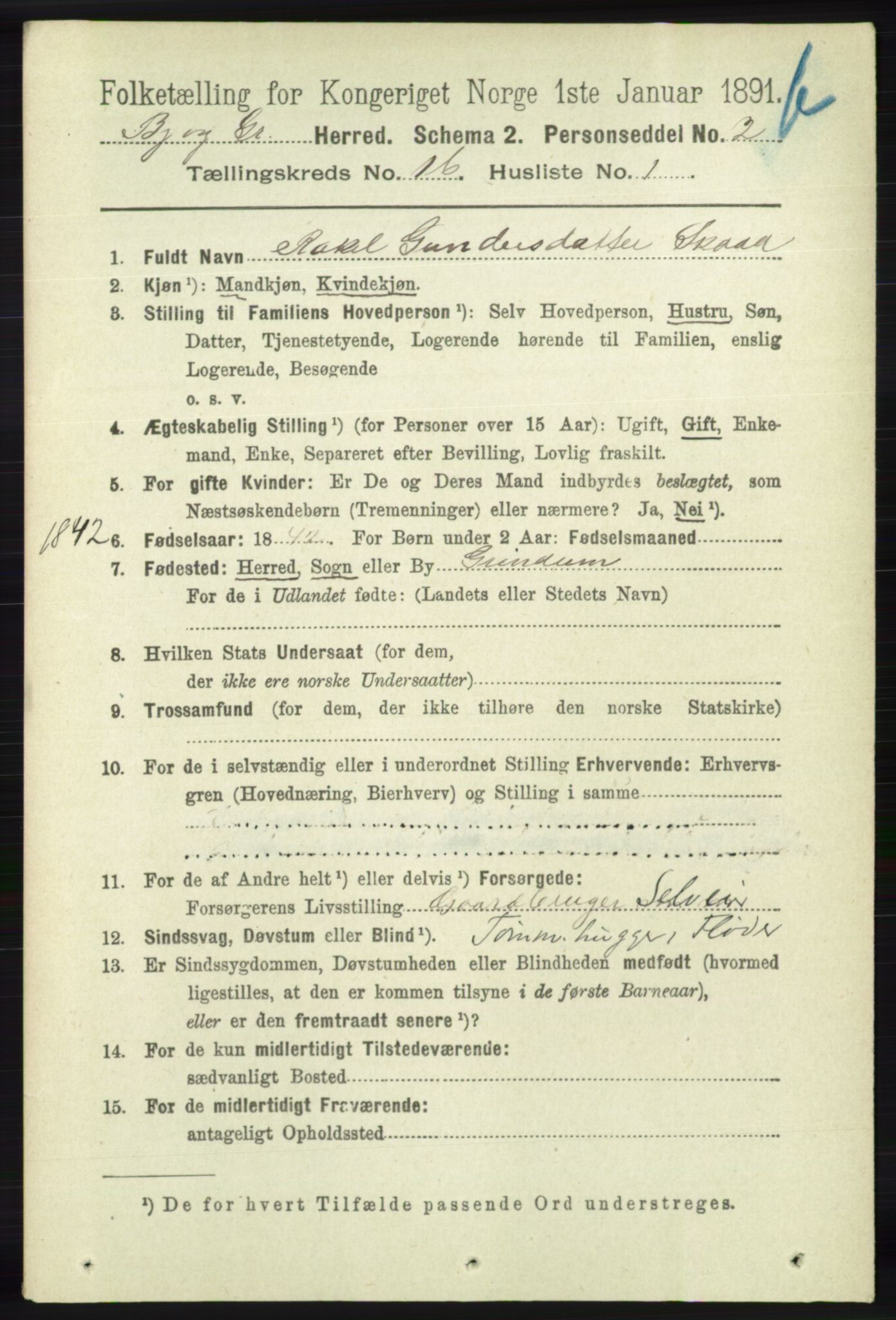 RA, 1891 census for 1024 Bjelland og Grindheim, 1891, p. 776