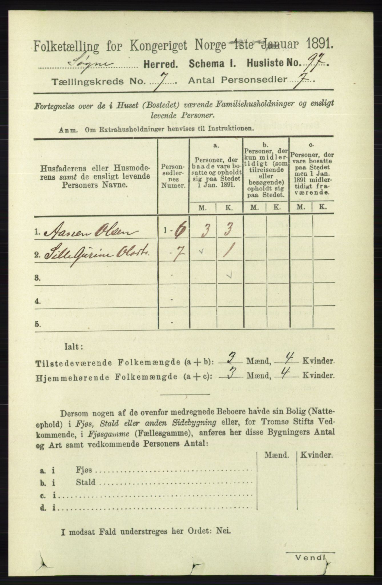 RA, 1891 census for 1018 Søgne, 1891, p. 1520