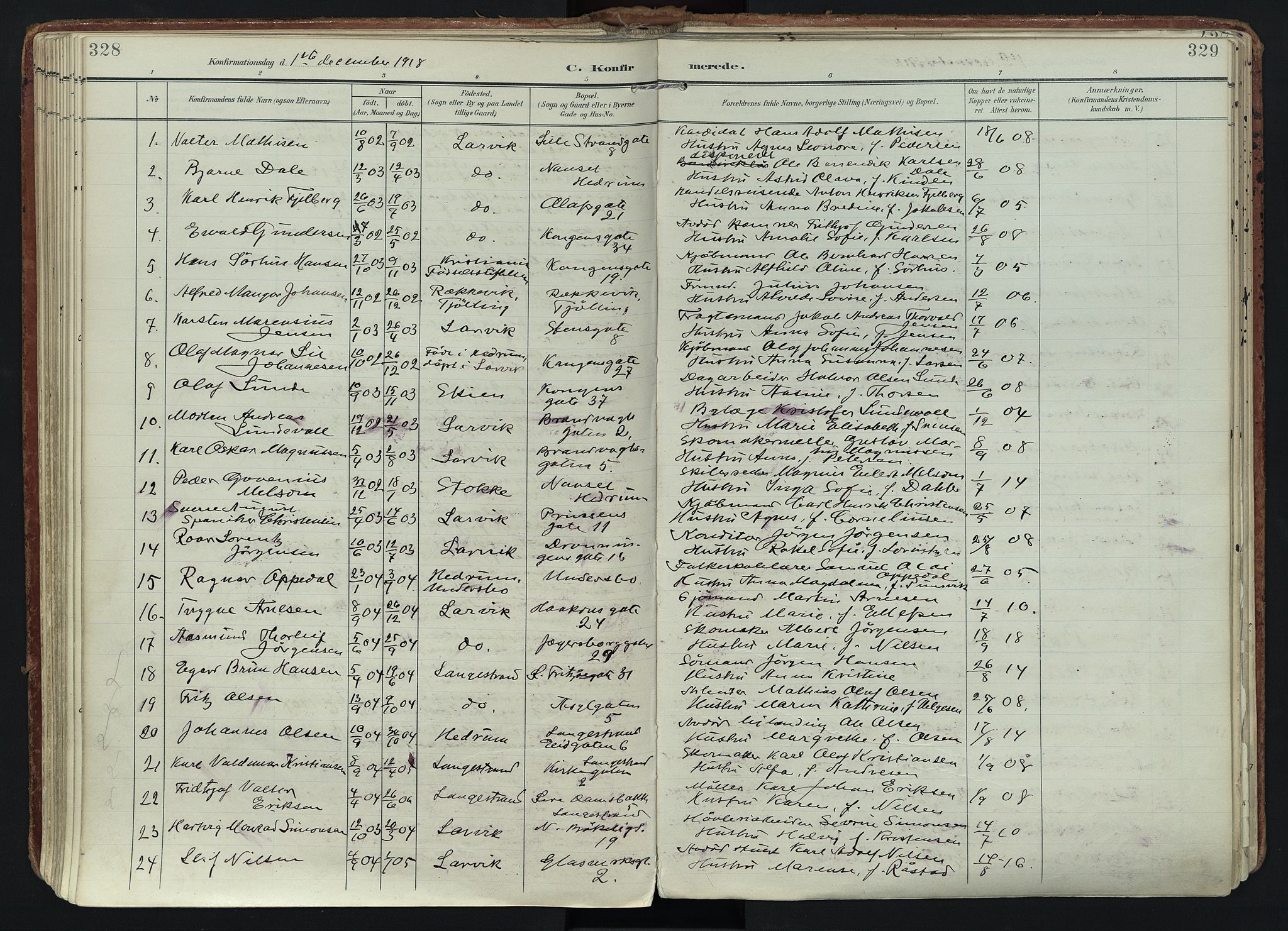 Larvik kirkebøker, AV/SAKO-A-352/F/Fa/L0011: Parish register (official) no. I 11, 1902-1922, p. 328-329