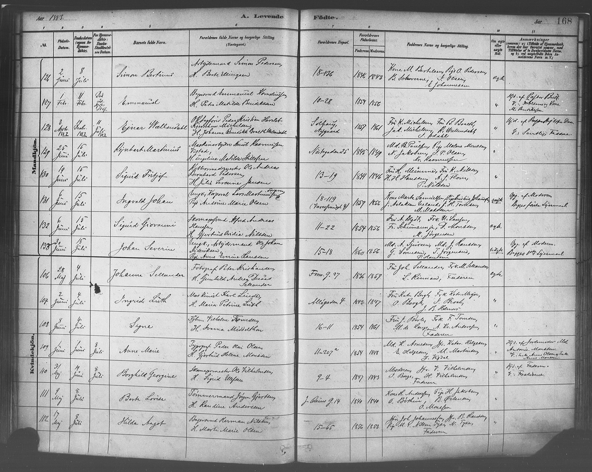 Domkirken sokneprestembete, SAB/A-74801/H/Haa/L0023: Parish register (official) no. B 6, 1879-1887, p. 168
