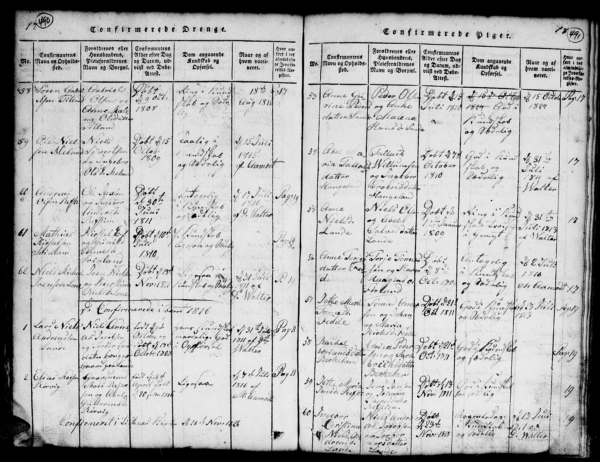 Kvinesdal sokneprestkontor, AV/SAK-1111-0026/F/Fb/Fba/L0001: Parish register (copy) no. B 1, 1815-1839, p. 490-491