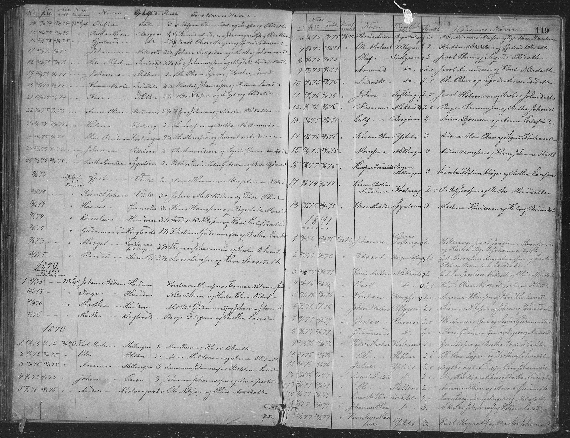 Alversund Sokneprestembete, SAB/A-73901/H/Ha/Hab: Parish register (copy) no. B 3, 1881-1896, p. 119