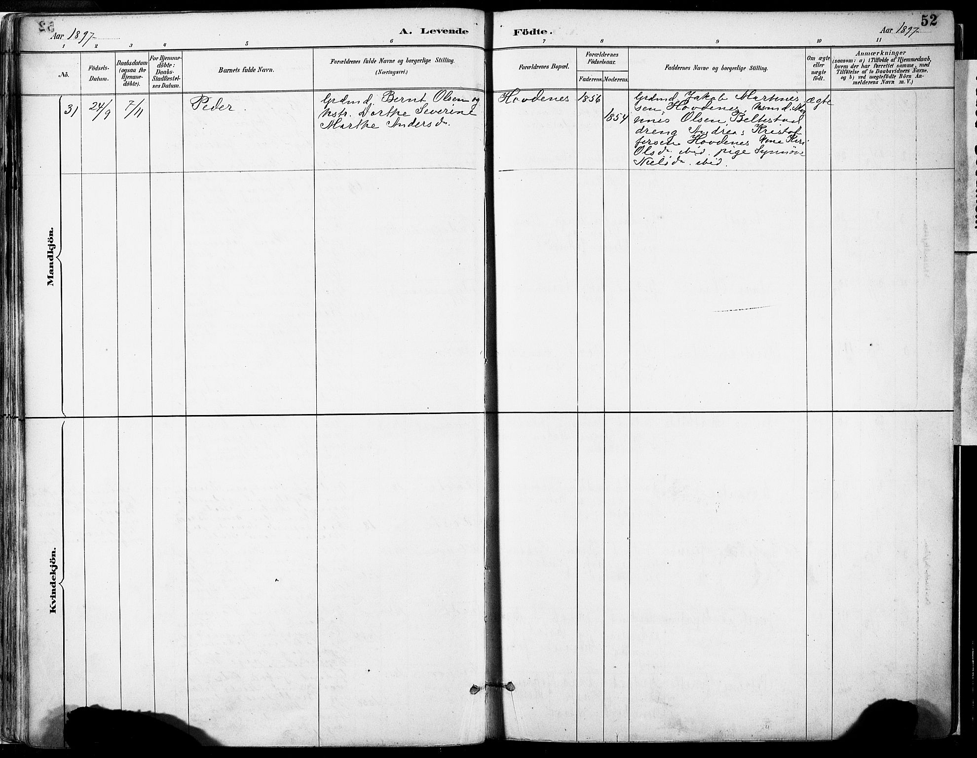 Tysnes sokneprestembete, AV/SAB-A-78601/H/Haa: Parish register (official) no. D 1, 1887-1904, p. 52