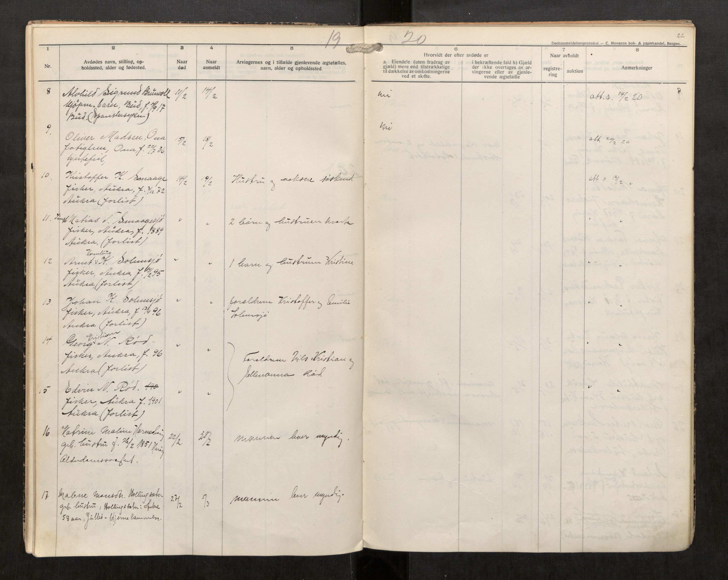 Sund lensmannskontor, AV/SAT-A-5663/02/Gh/L0001: Dødsfallsprotokoll, 1914-1926, p. 22