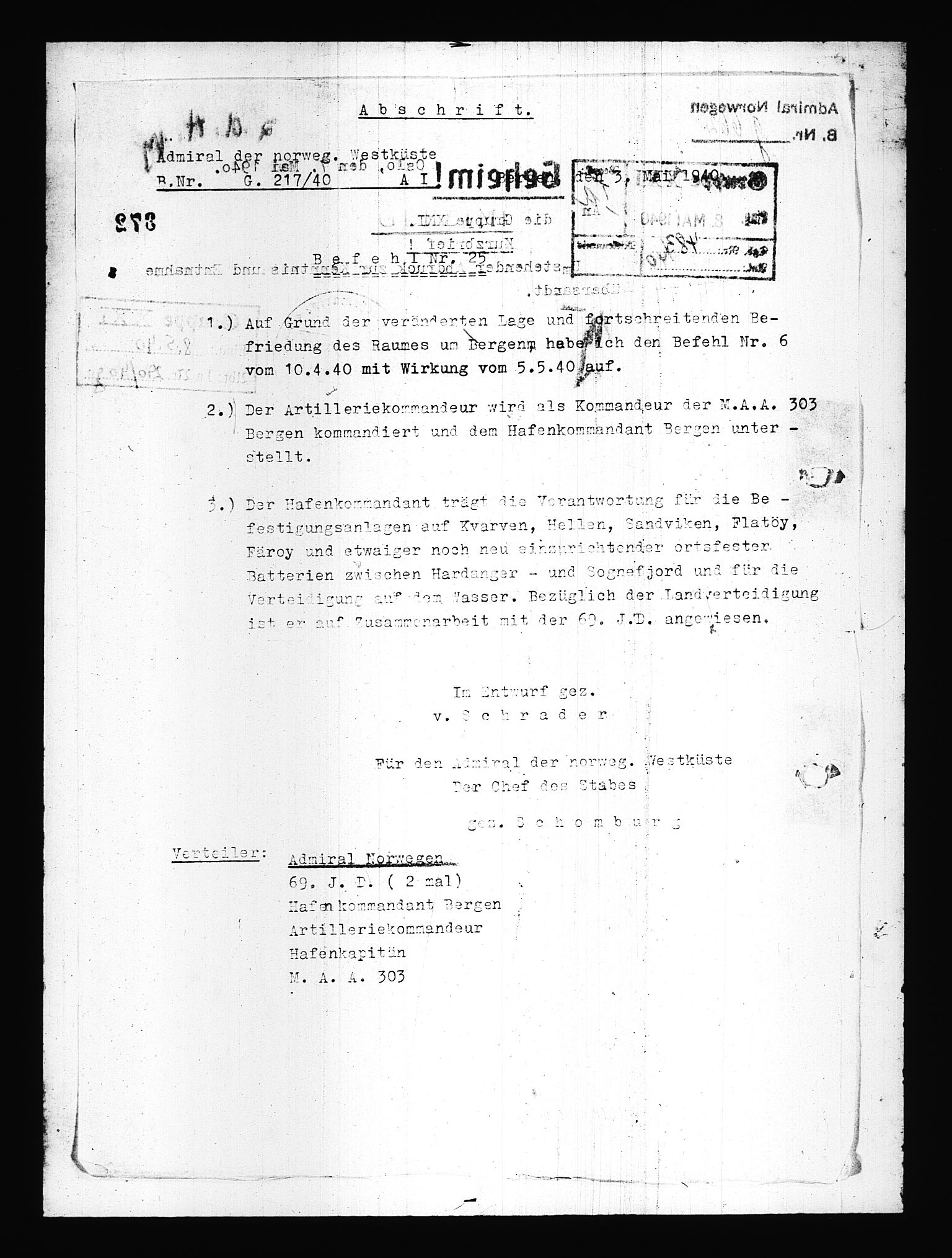 Documents Section, AV/RA-RAFA-2200/V/L0077: Amerikansk mikrofilm "Captured German Documents".
Box No. 716.  FKA jnr. 615/1954., 1940, p. 351