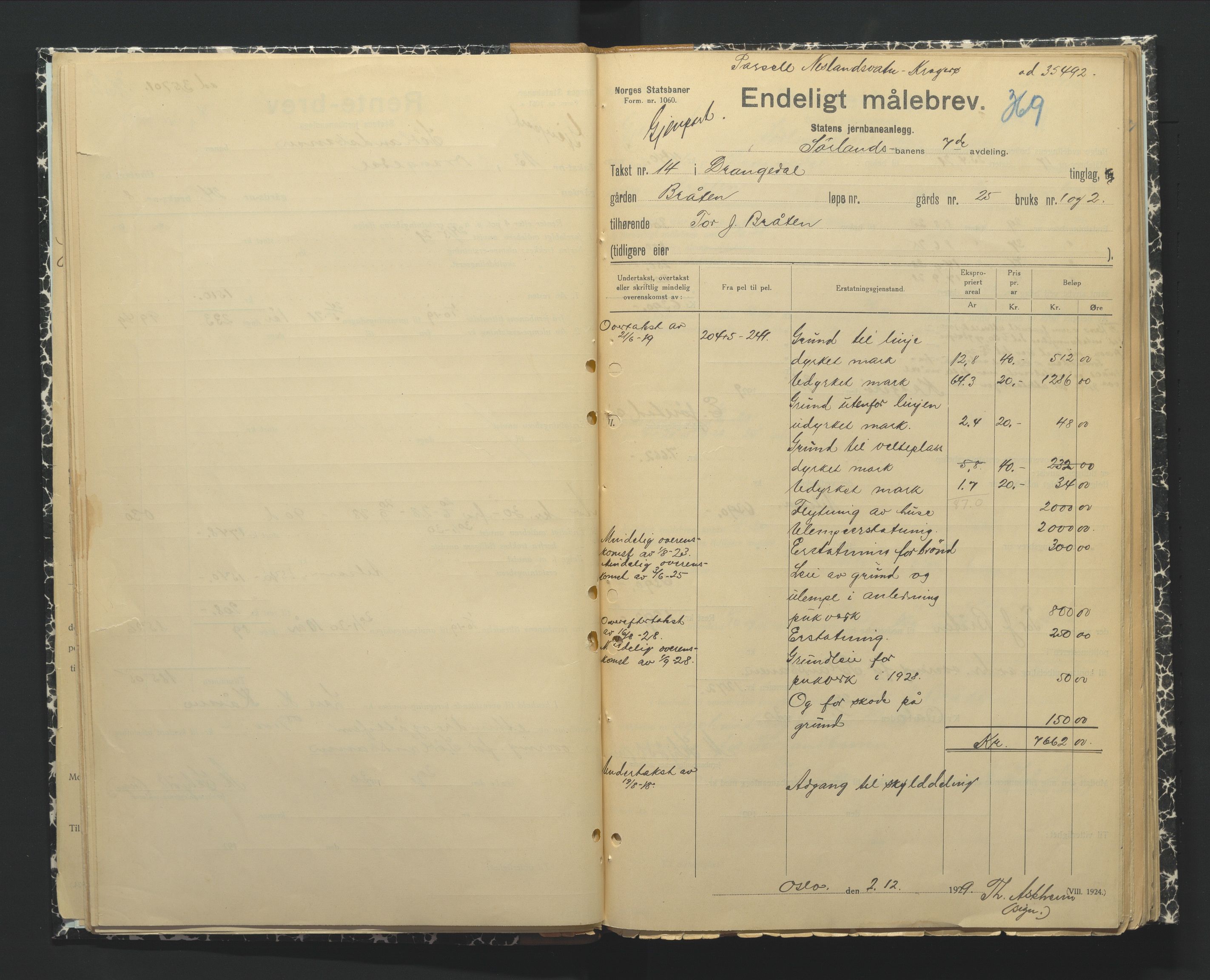 NSB Baneavdelingen, AV/SAK-1821-0004/F/Fc/Fch/L0249/0002: Grunnerstatninger, målebrev / Endelige måle- og rentebrev for Kragerølinja, 1928-1930