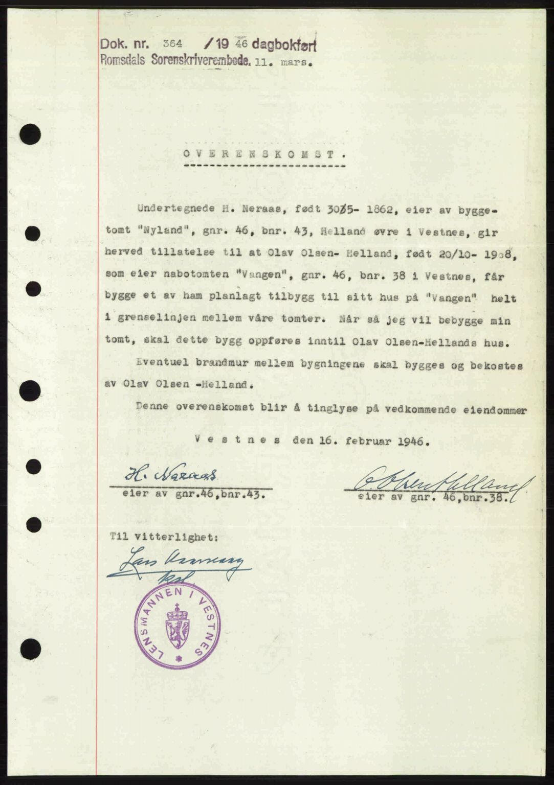 Romsdal sorenskriveri, SAT/A-4149/1/2/2C: Mortgage book no. A19, 1946-1946, Diary no: : 364/1946