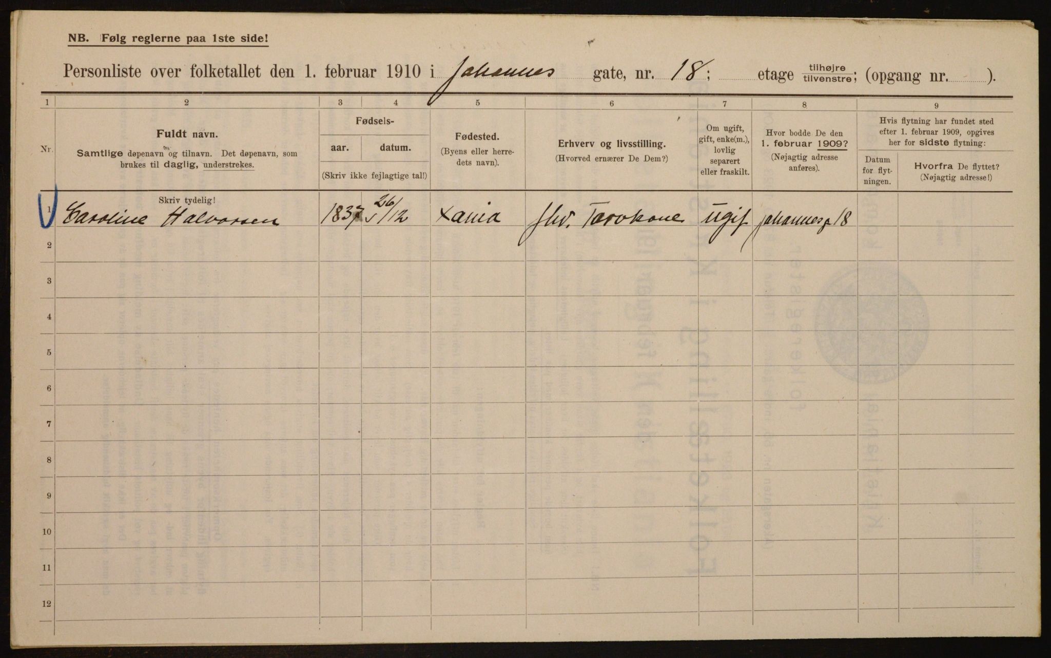 OBA, Municipal Census 1910 for Kristiania, 1910, p. 45968