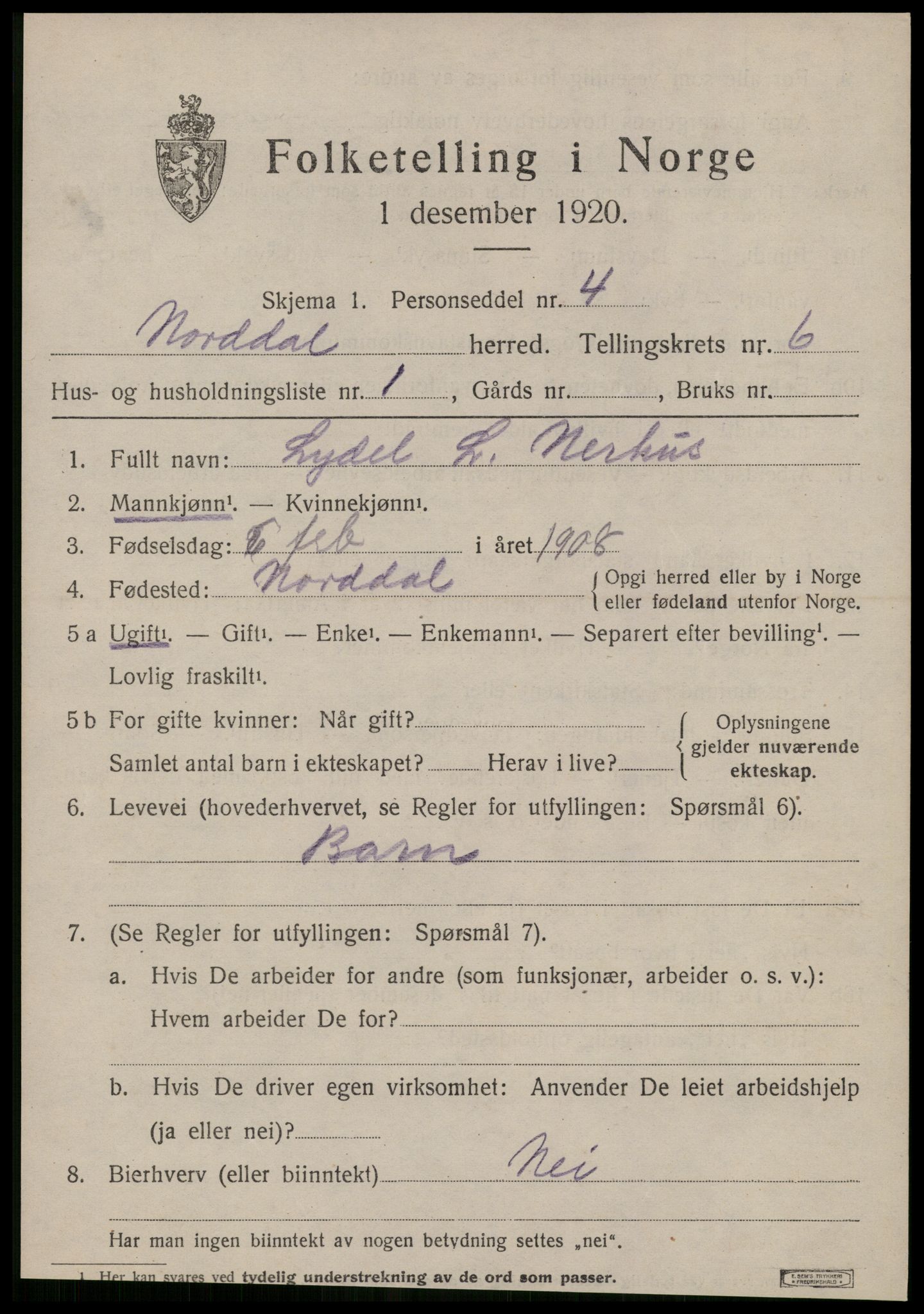 SAT, 1920 census for Norddal, 1920, p. 2989