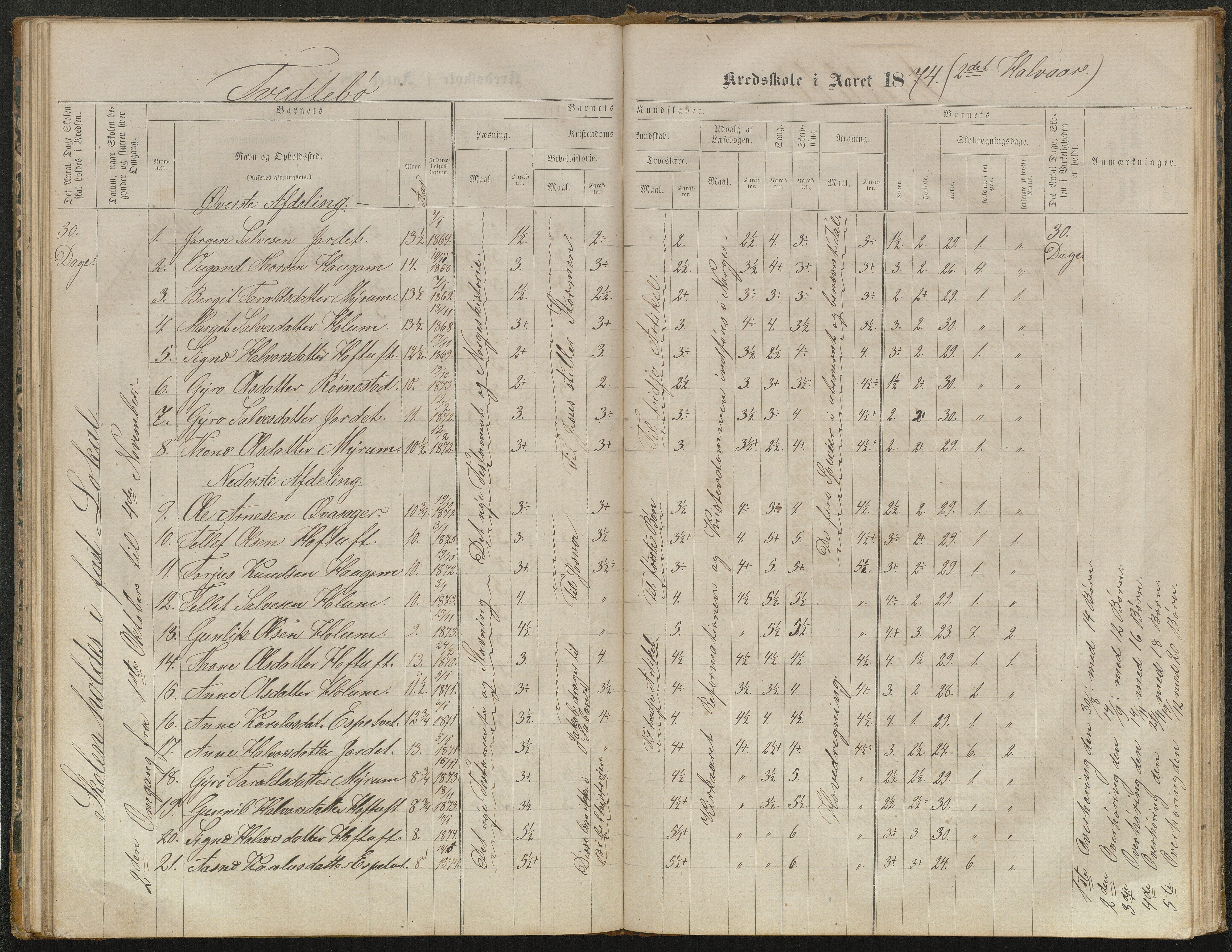 Valle kommune, AAKS/KA0940-PK/03/L0052: Karakterprotokoll for Homme skule. Karakterprotokoll for Oveinang skule. Karakterprotokoll for Tveitebø skule. Karakterprotokoll for den frivillige undervisning i Homme, 1863-1882