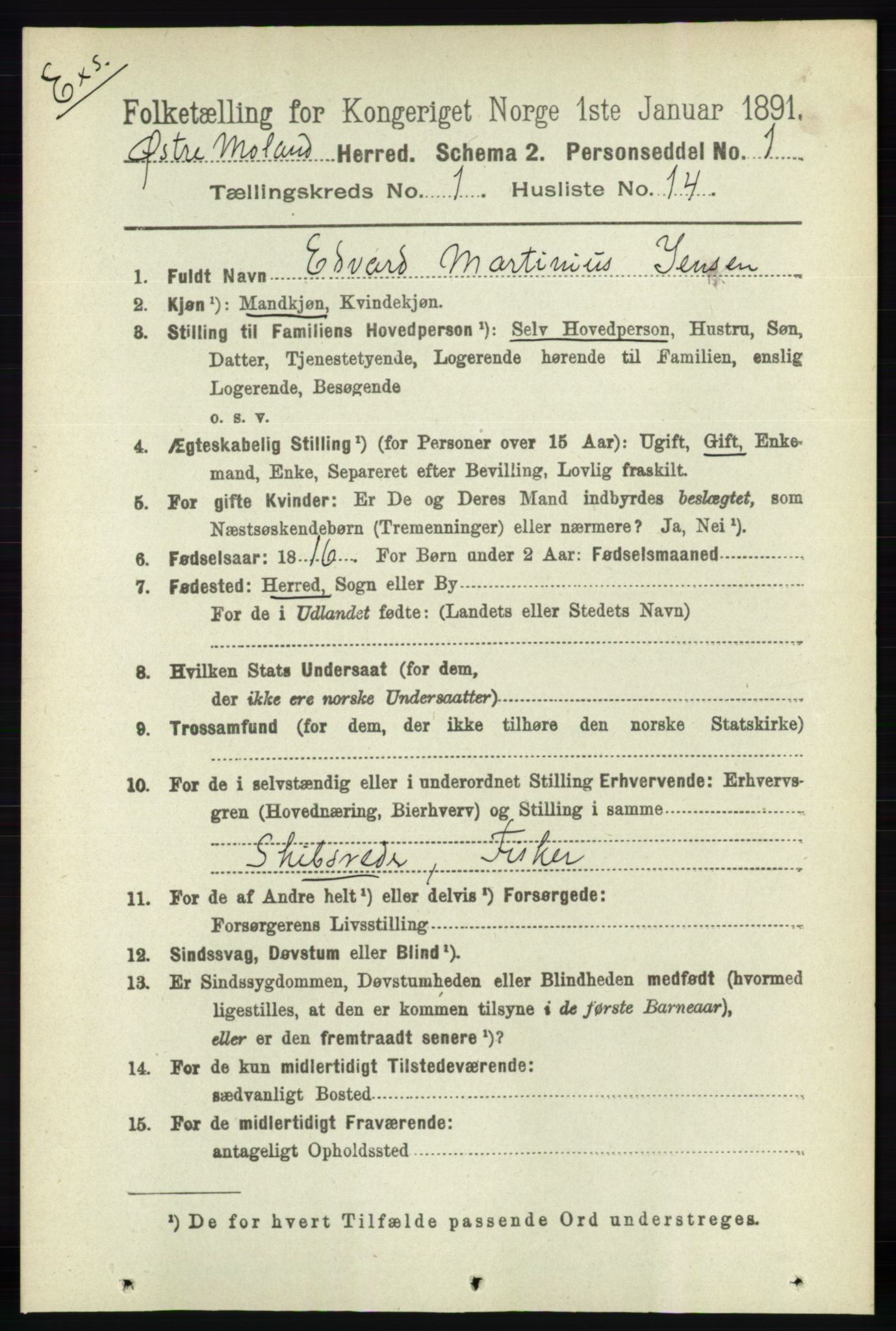 RA, Census 1891 for Nedenes amt: Gjenparter av personsedler for beslektede ektefeller, menn, 1891, p. 460