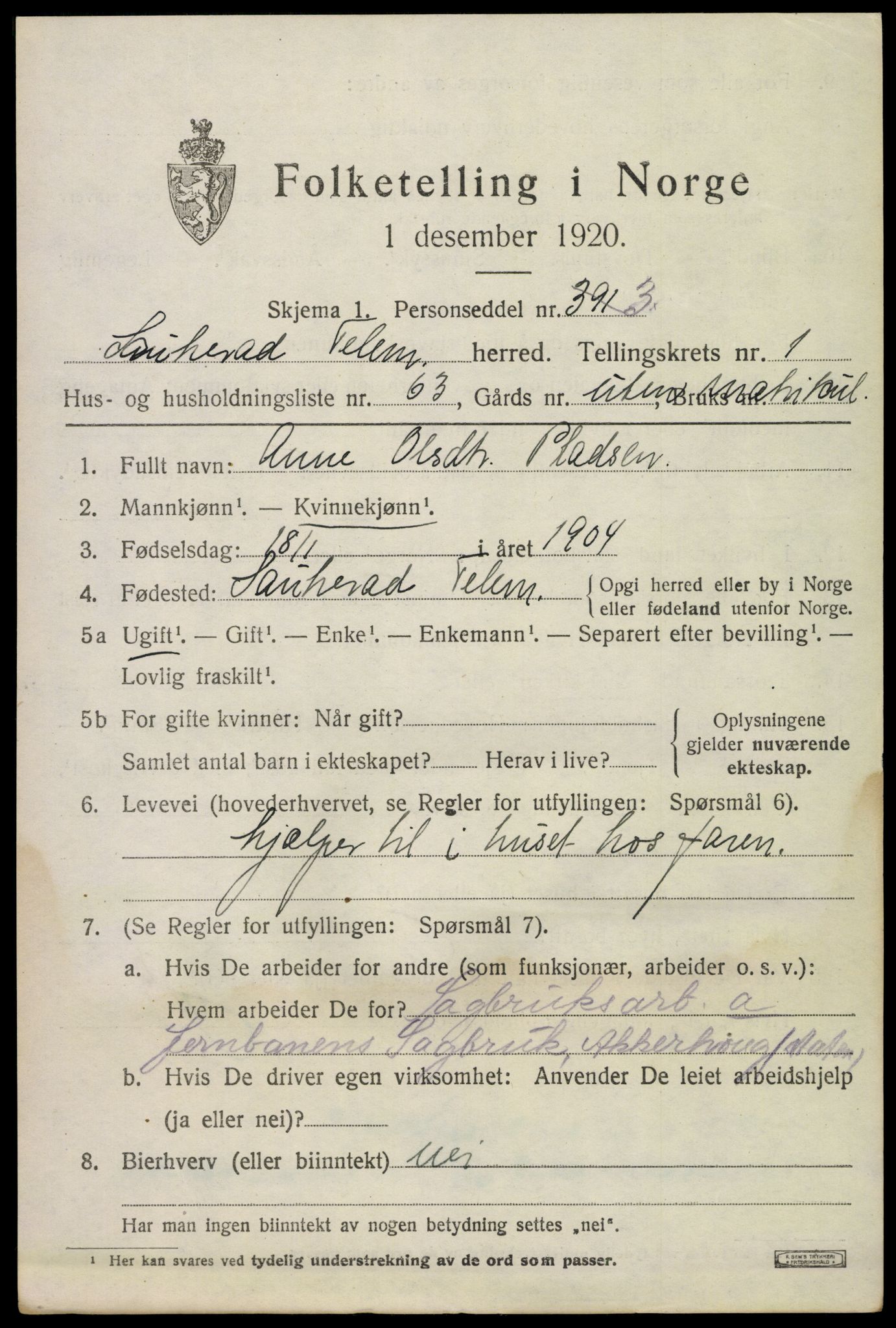 SAKO, 1920 census for Sauherad, 1920, p. 2309