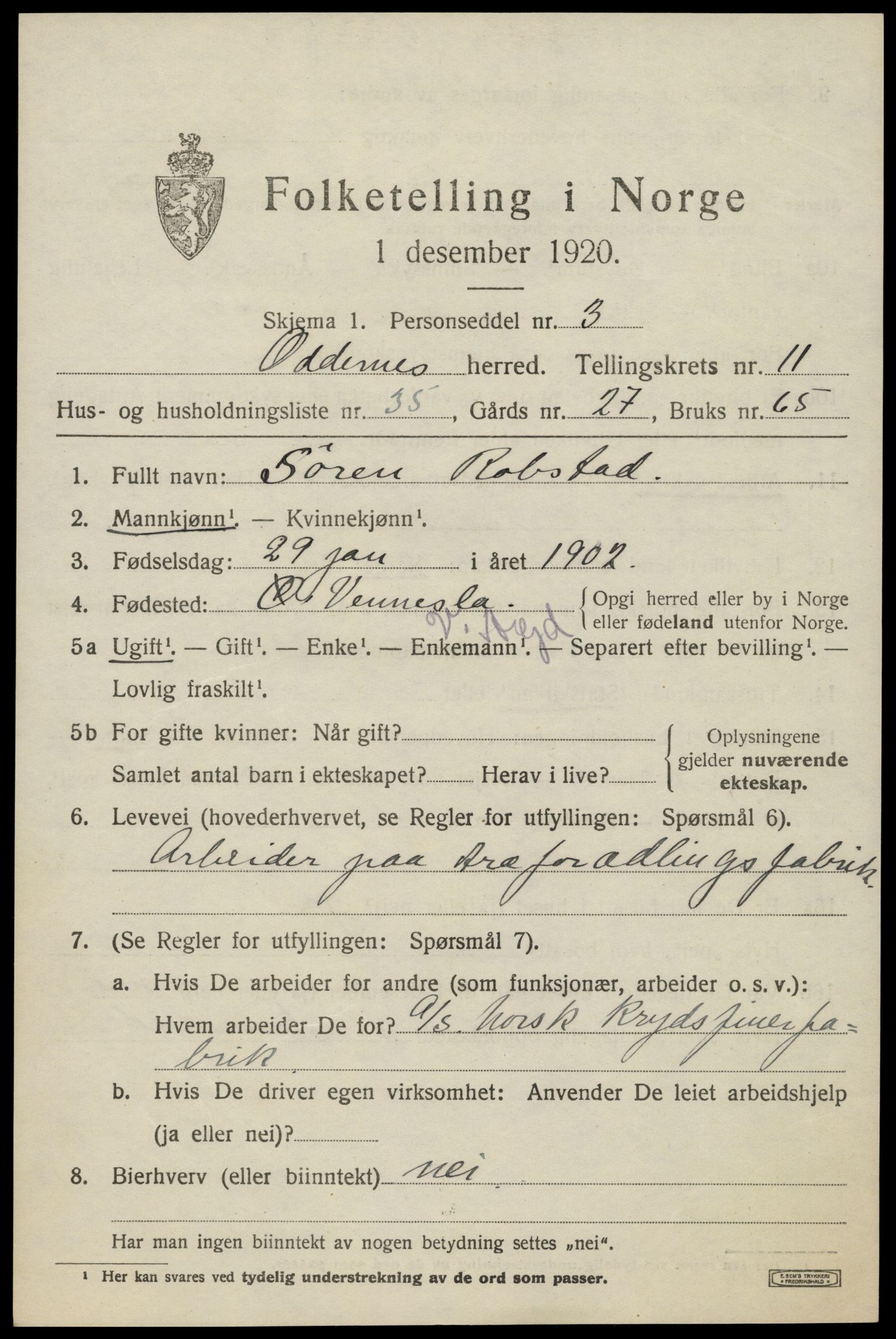 SAK, 1920 census for Oddernes, 1920, p. 7433