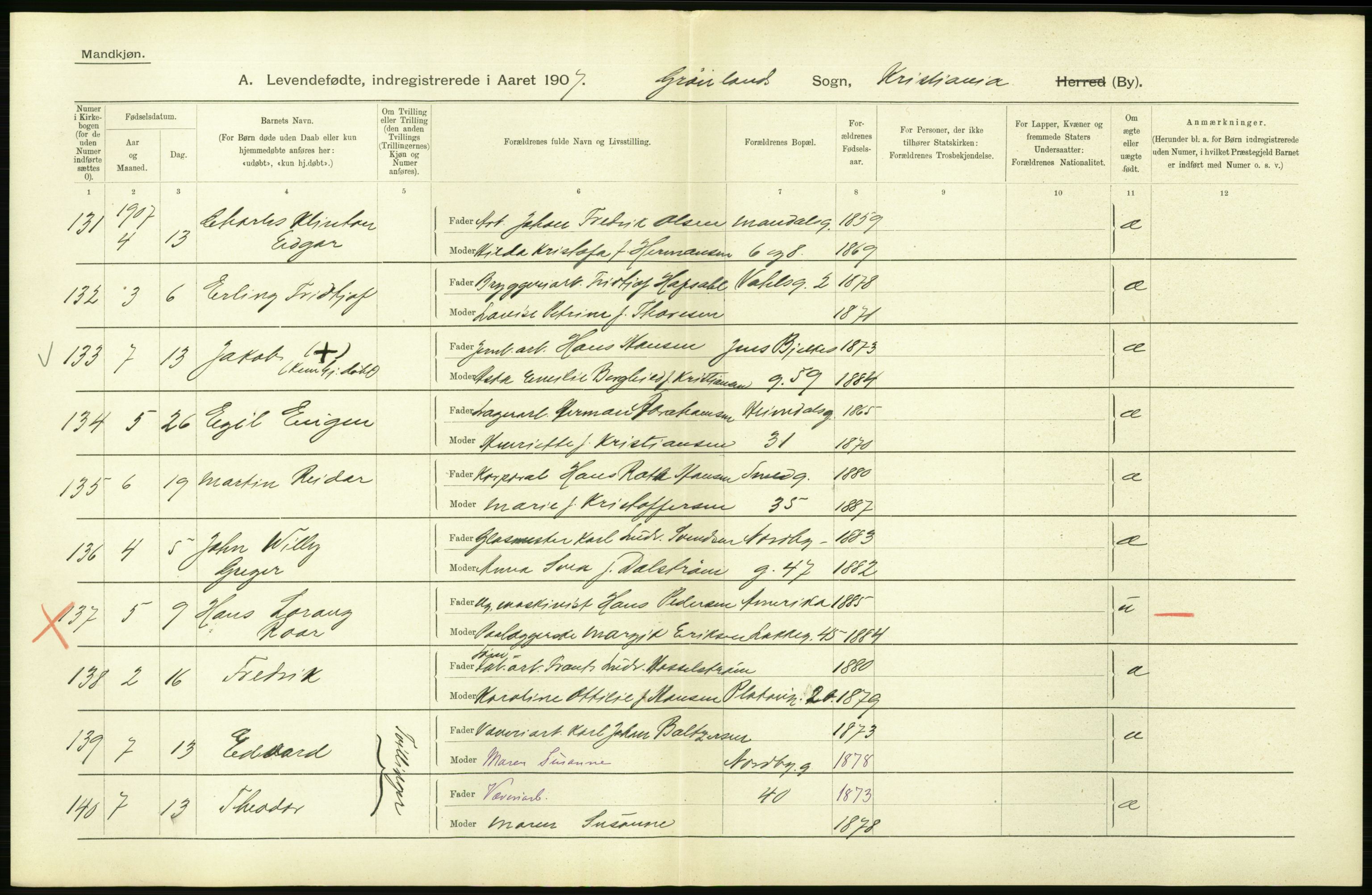 Statistisk sentralbyrå, Sosiodemografiske emner, Befolkning, AV/RA-S-2228/D/Df/Dfa/Dfae/L0007: Kristiania: Levendefødte menn og kvinner., 1907, p. 296