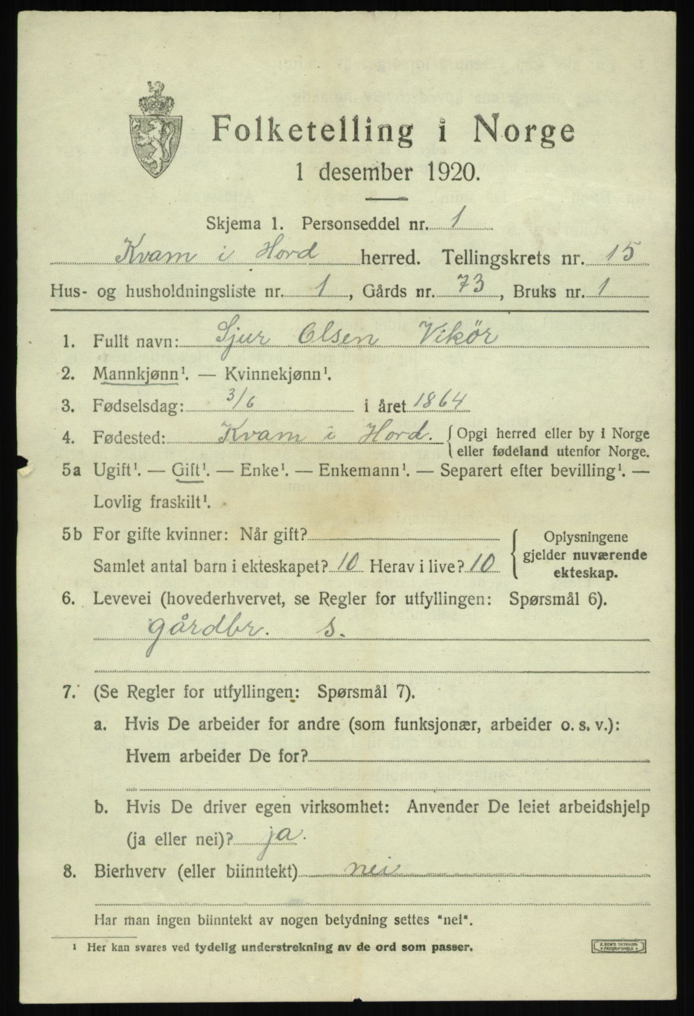SAB, 1920 census for Kvam, 1920, p. 8661