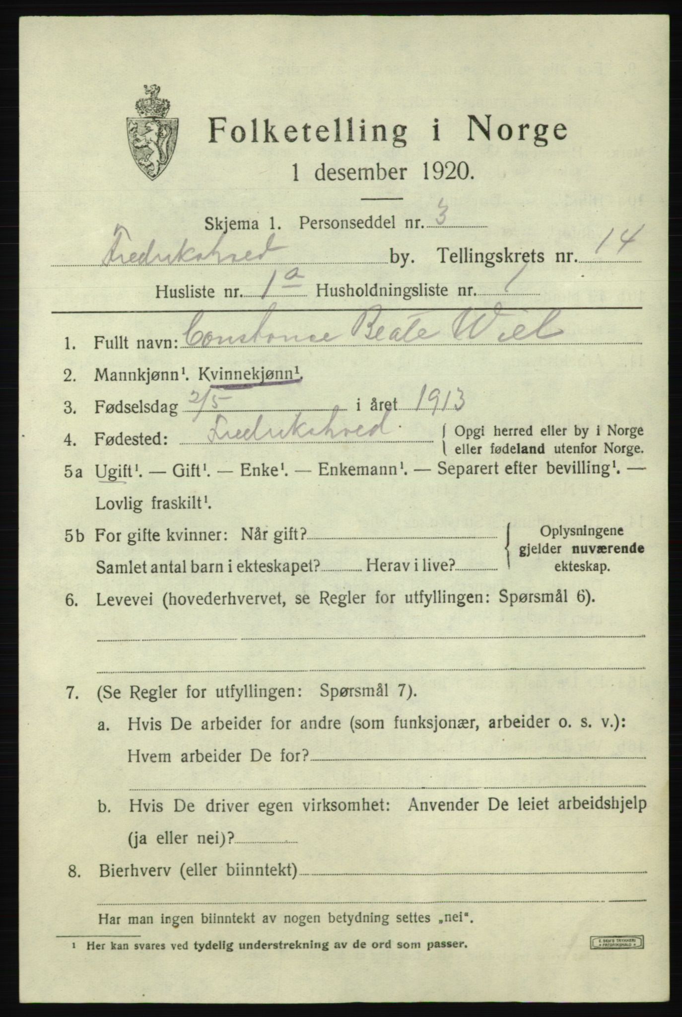 SAO, 1920 census for Fredrikshald, 1920, p. 22149