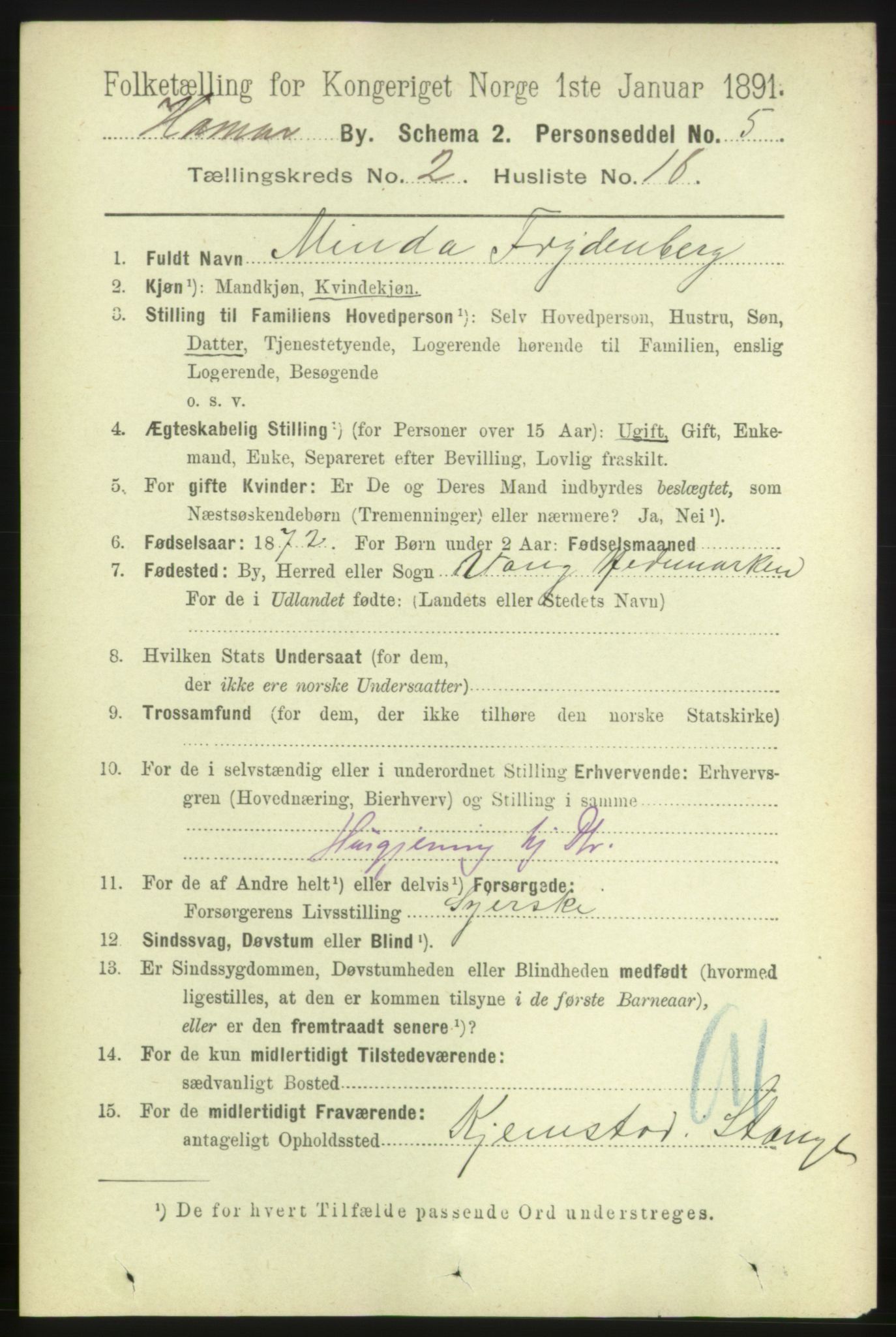 RA, 1891 census for 0401 Hamar, 1891, p. 1233