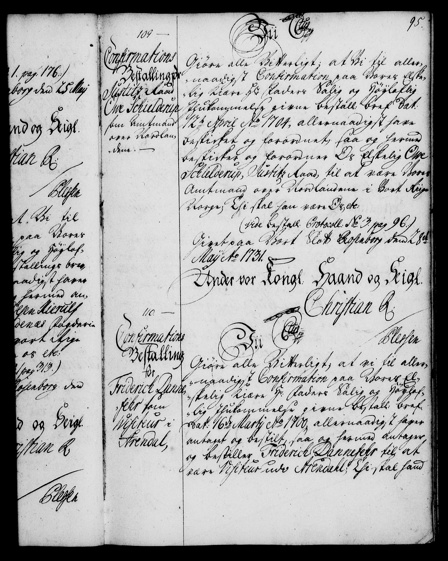 Rentekammeret, Kammerkanselliet, RA/EA-3111/G/Gg/Ggg/L0001: Norsk konfirmasjonsbestallingsprotokoll med register (merket RK 53.31), 1731-1737, p. 95