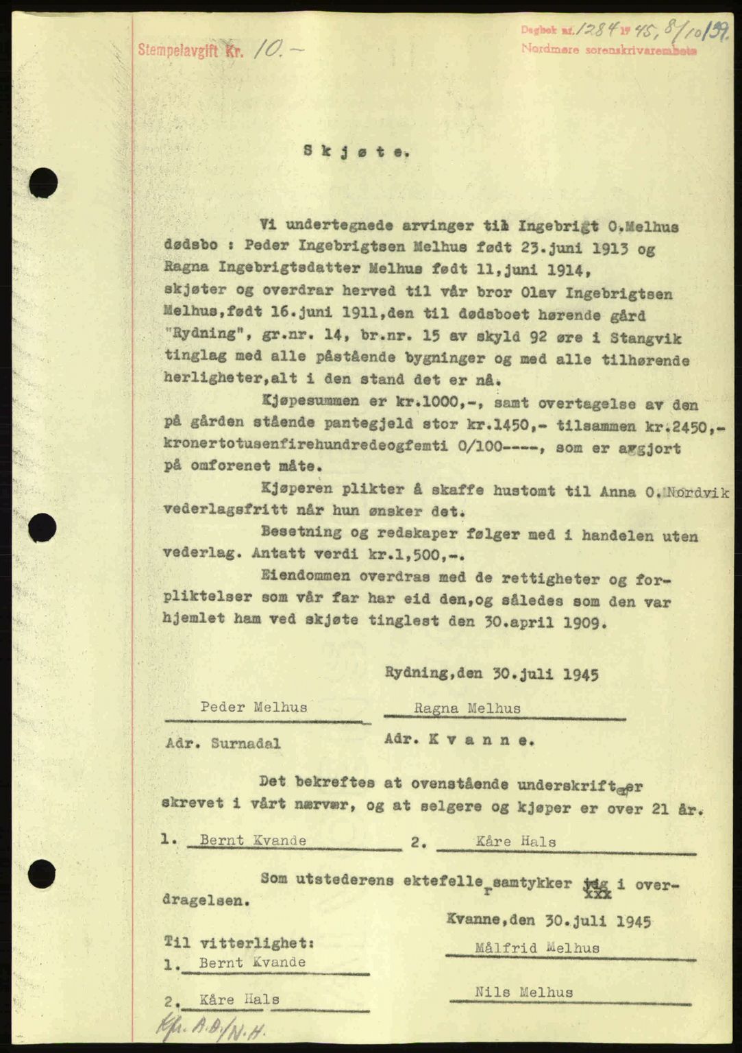 Nordmøre sorenskriveri, AV/SAT-A-4132/1/2/2Ca: Mortgage book no. A100a, 1945-1945, Diary no: : 1284/1945