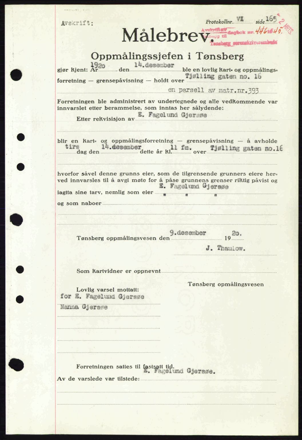 Tønsberg sorenskriveri, AV/SAKO-A-130/G/Ga/Gaa/L0016: Mortgage book no. A16, 1944-1945, Diary no: : 446/1945