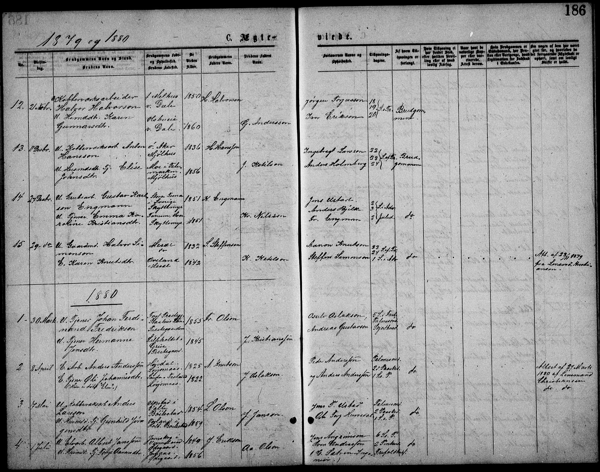 Froland sokneprestkontor, SAK/1111-0013/F/Fb/L0009: Parish register (copy) no. B 9, 1875-1893, p. 186