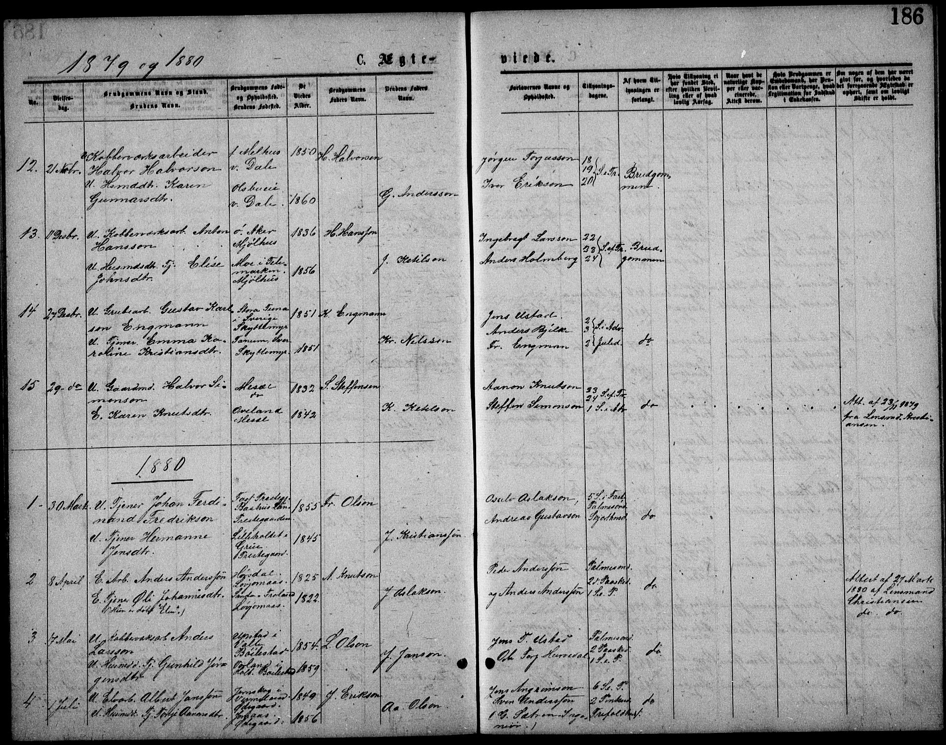 Froland sokneprestkontor, AV/SAK-1111-0013/F/Fb/L0009: Parish register (copy) no. B 9, 1875-1893, p. 186