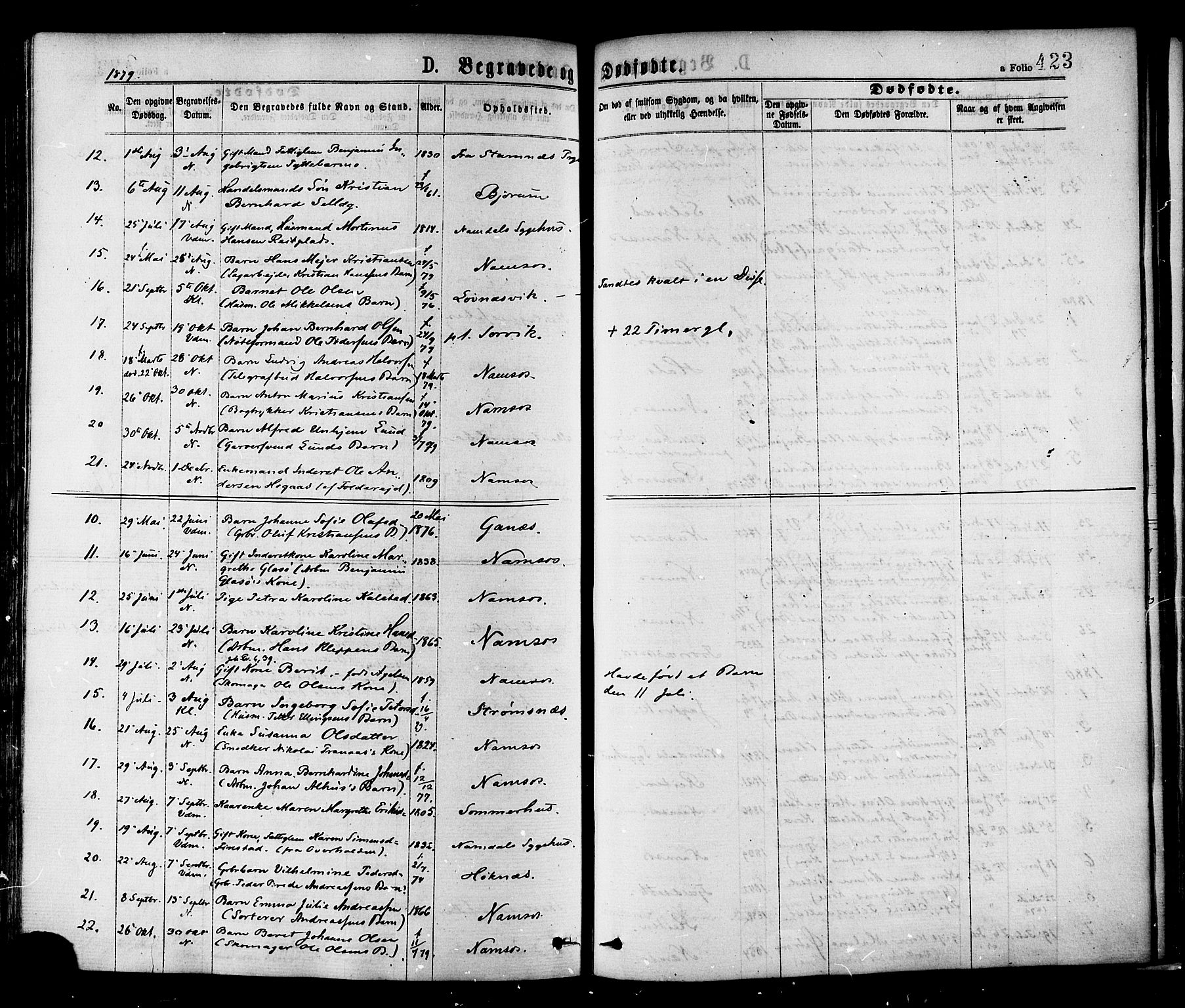 Ministerialprotokoller, klokkerbøker og fødselsregistre - Nord-Trøndelag, AV/SAT-A-1458/768/L0572: Parish register (official) no. 768A07, 1874-1886, p. 423