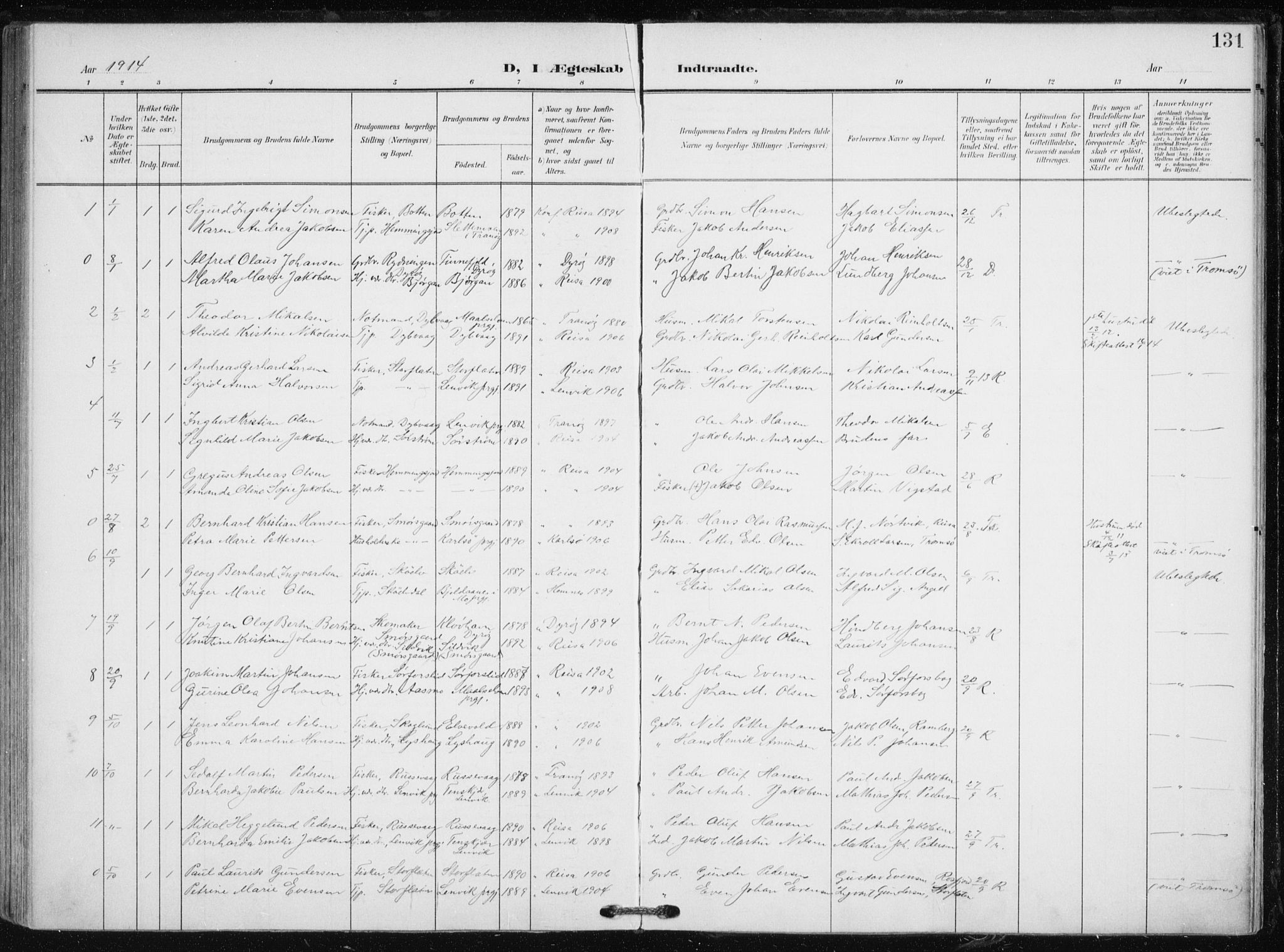 Tranøy sokneprestkontor, AV/SATØ-S-1313/I/Ia/Iaa/L0012kirke: Parish register (official) no. 12, 1905-1918, p. 131