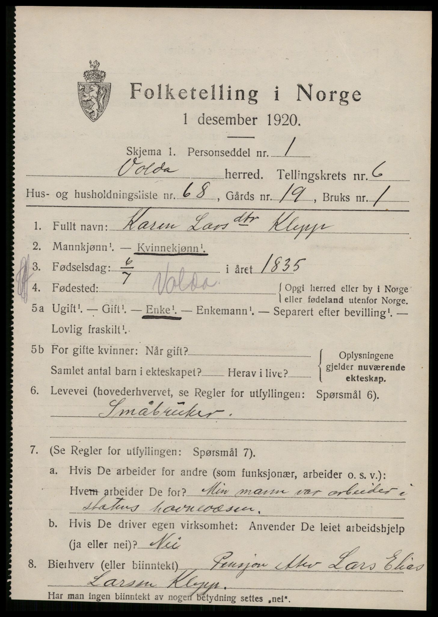 SAT, 1920 census for Volda, 1920, p. 6128