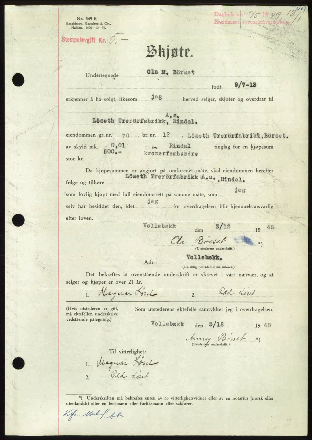 Nordmøre sorenskriveri, AV/SAT-A-4132/1/2/2Ca: Mortgage book no. A110, 1948-1949, Diary no: : 75/1949