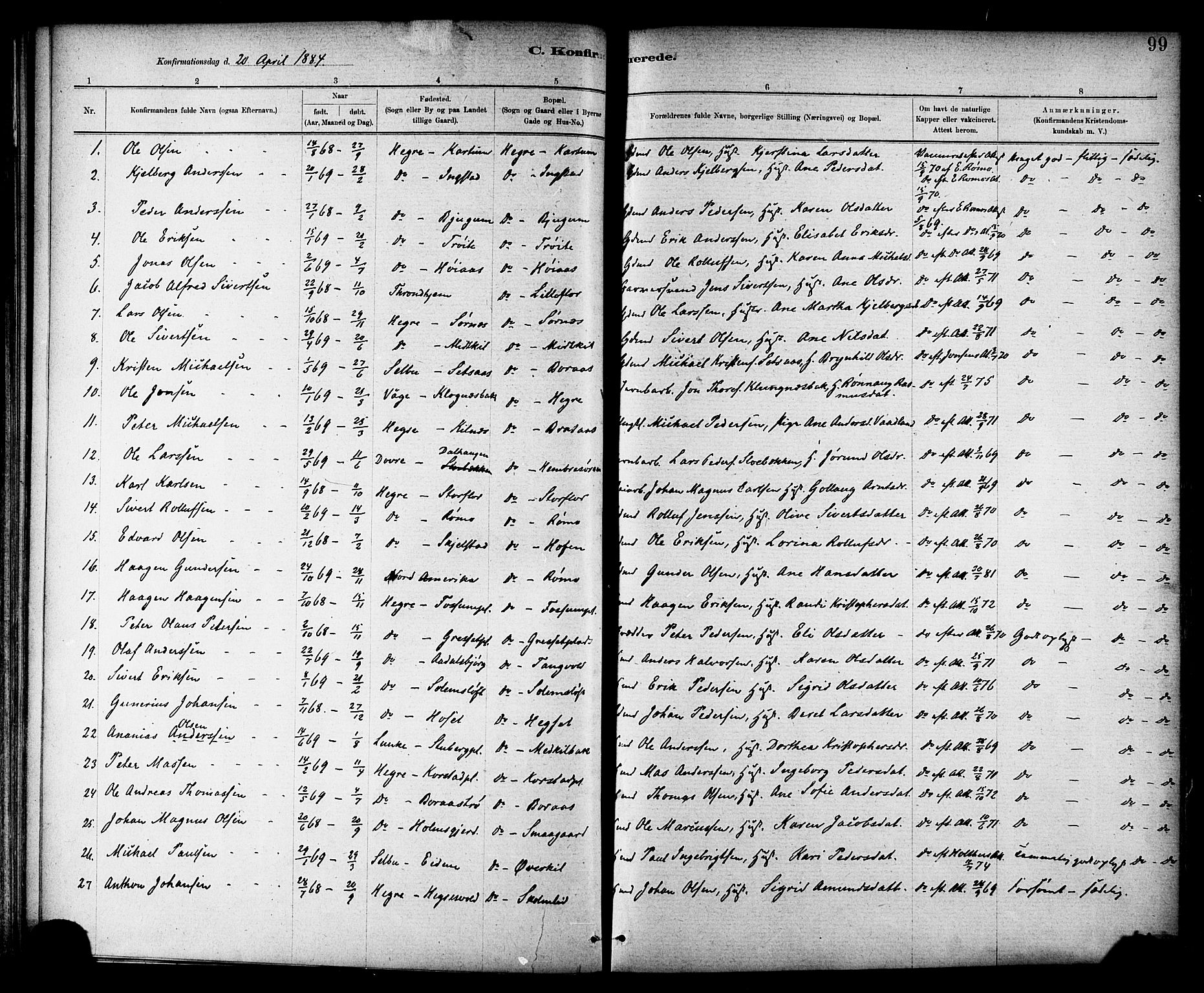 Ministerialprotokoller, klokkerbøker og fødselsregistre - Nord-Trøndelag, SAT/A-1458/703/L0030: Parish register (official) no. 703A03, 1880-1892, p. 99