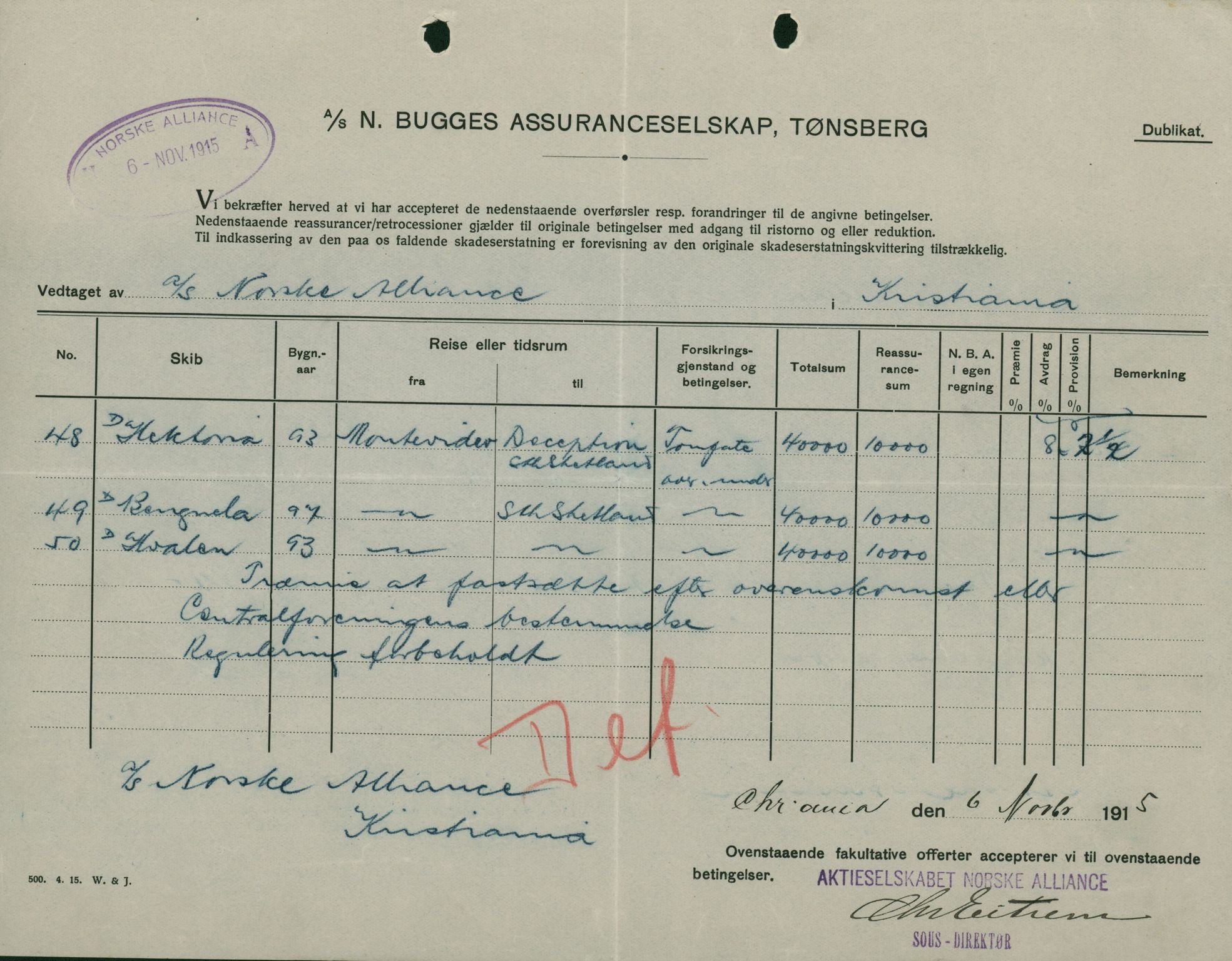 Pa 664 - Tønsberg Sjøforsikringsselskap, VEMU/A-1773/F/L0001: Forsikringspoliser, 1915-1918