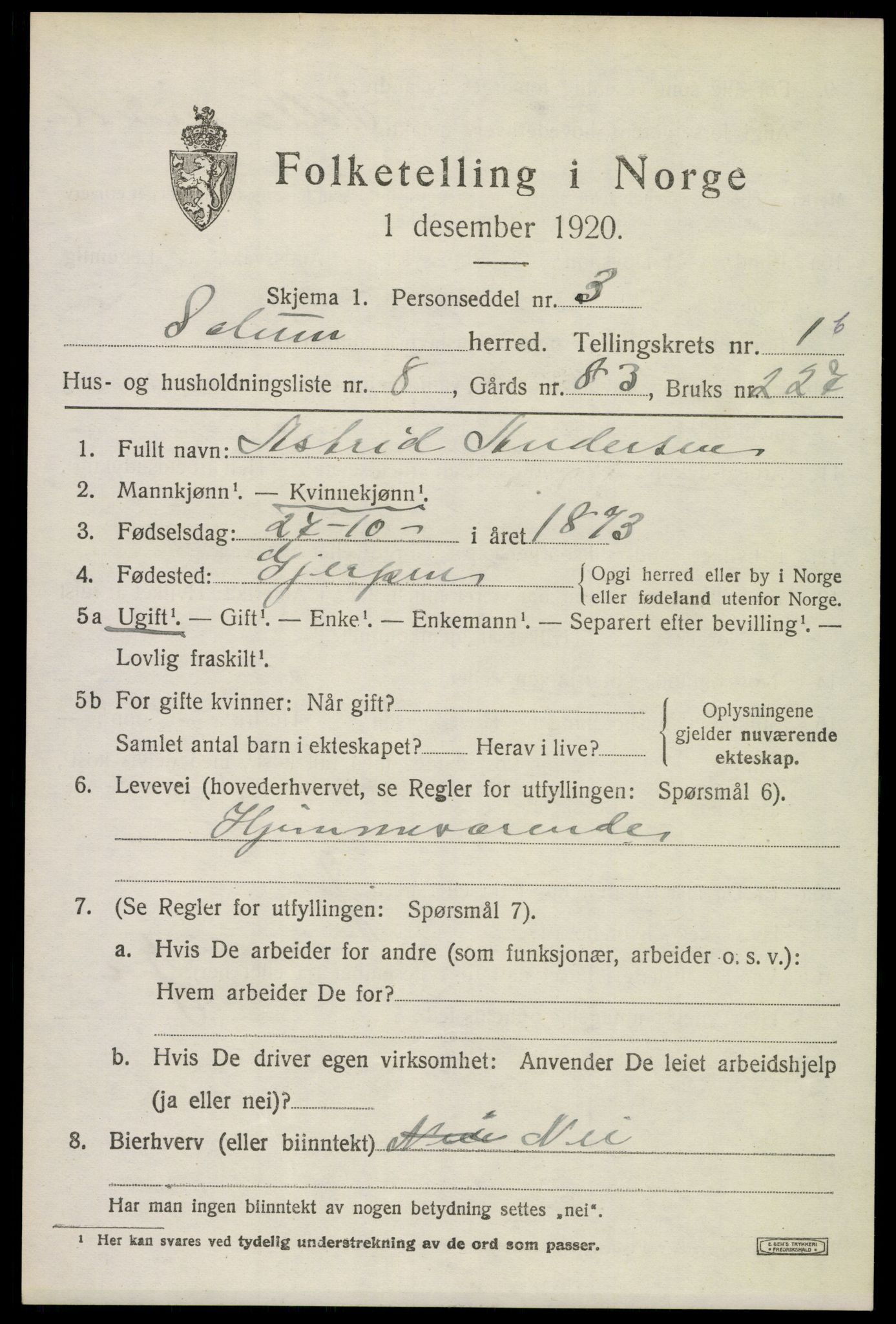 SAKO, 1920 census for Solum, 1920, p. 4218