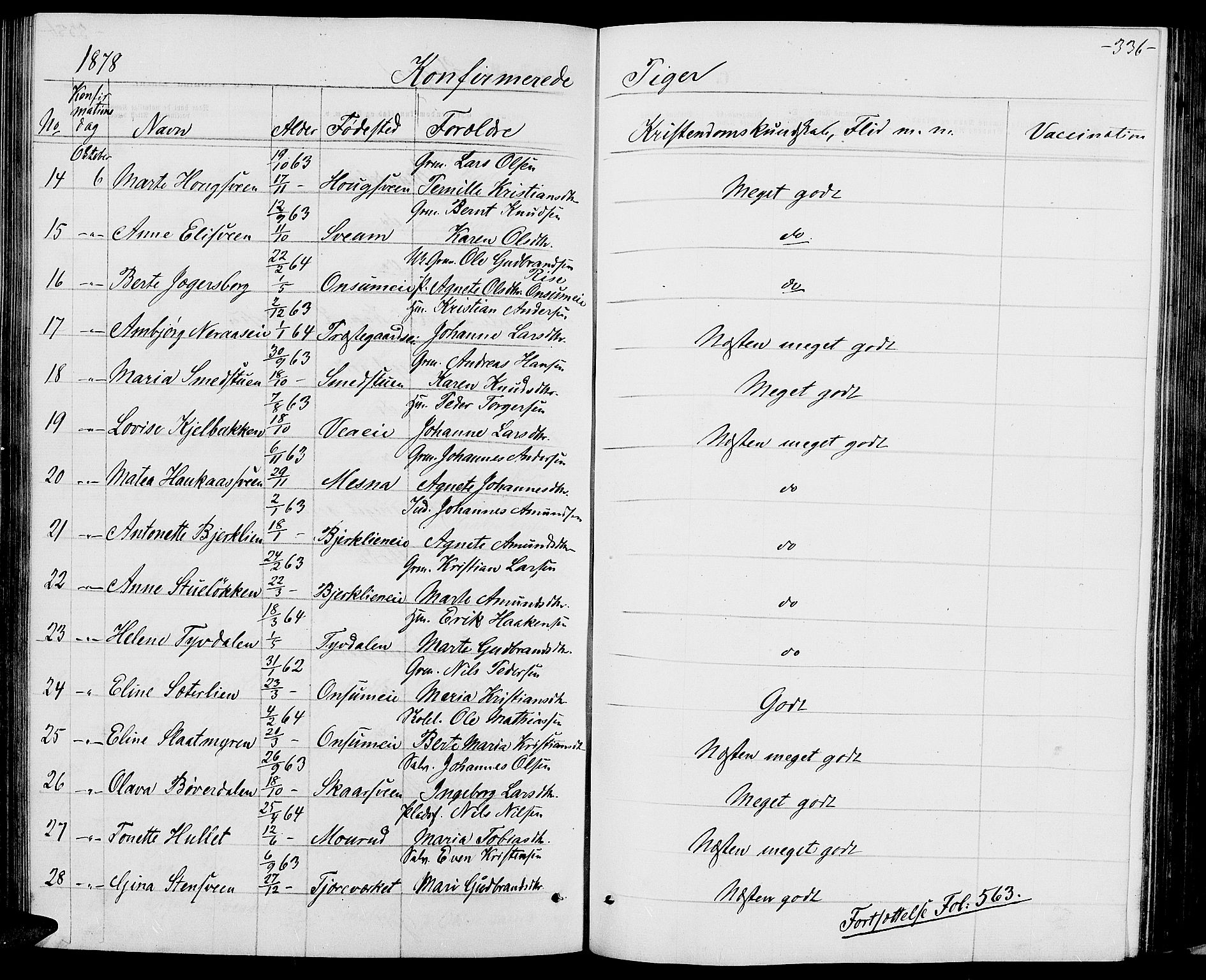 Ringsaker prestekontor, AV/SAH-PREST-014/L/La/L0008: Parish register (copy) no. 8, 1870-1878, p. 336