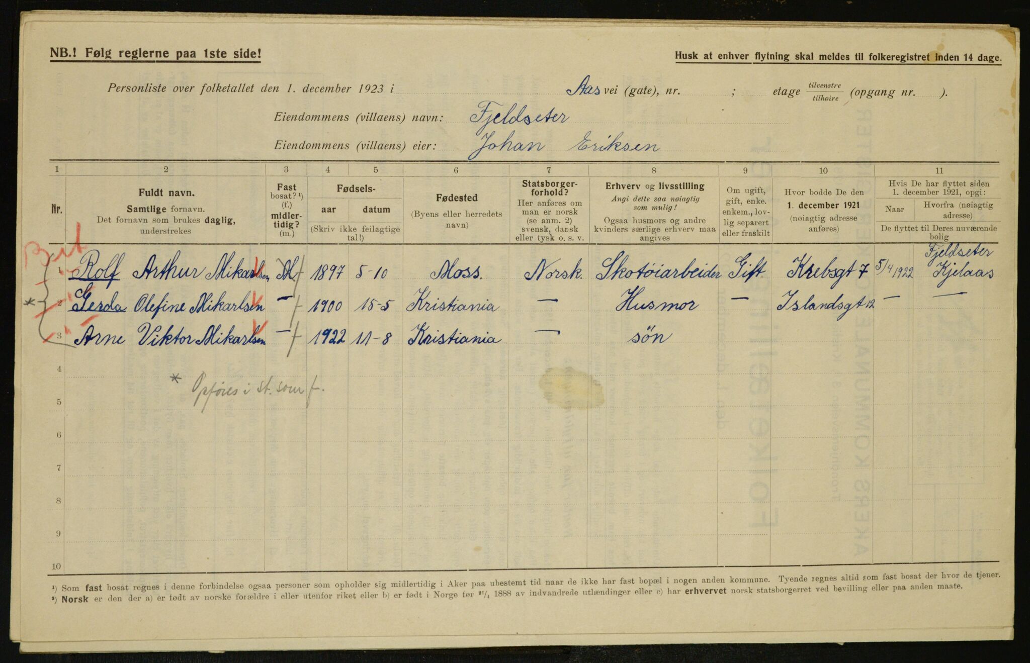 , Municipal Census 1923 for Aker, 1923, p. 7415